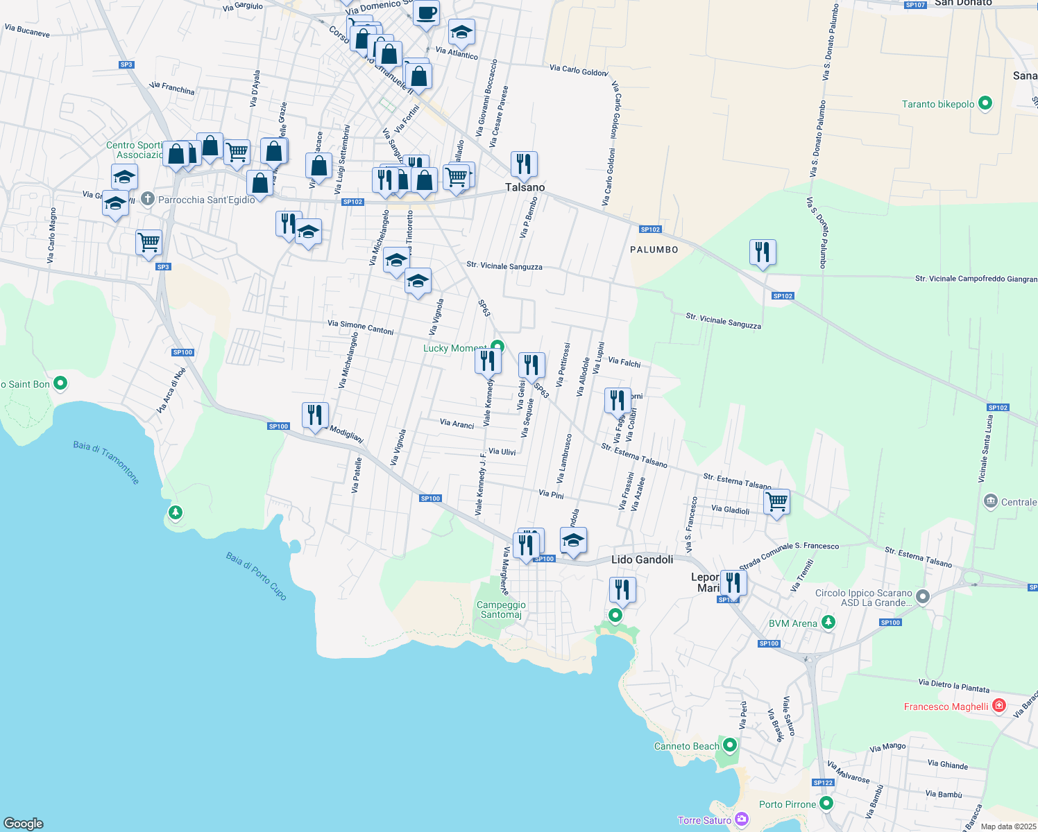 map of restaurants, bars, coffee shops, grocery stores, and more near 10 Via Gelsi in Leporano Marina