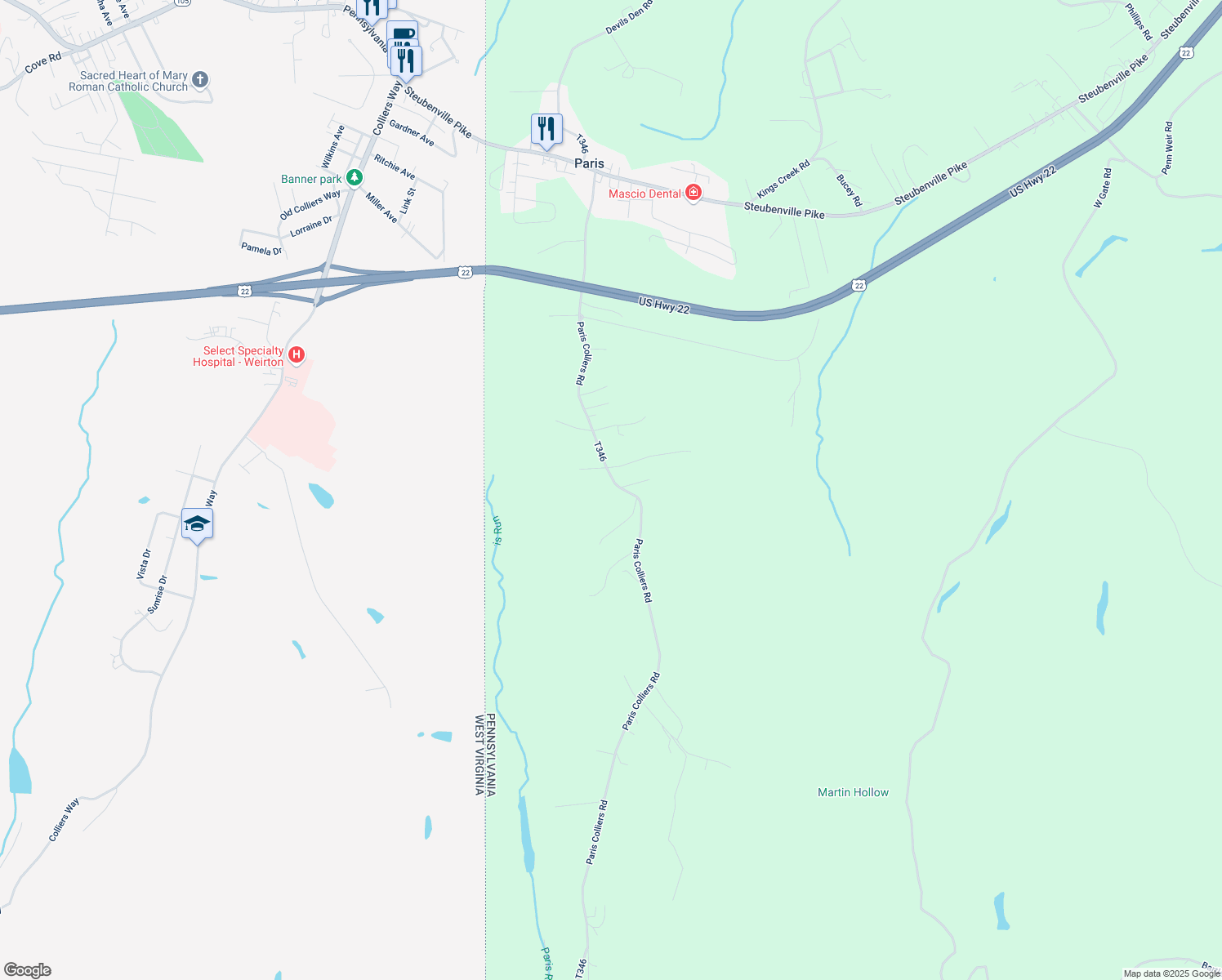 map of restaurants, bars, coffee shops, grocery stores, and more near 377 Paris Colliers Road in Burgettstown