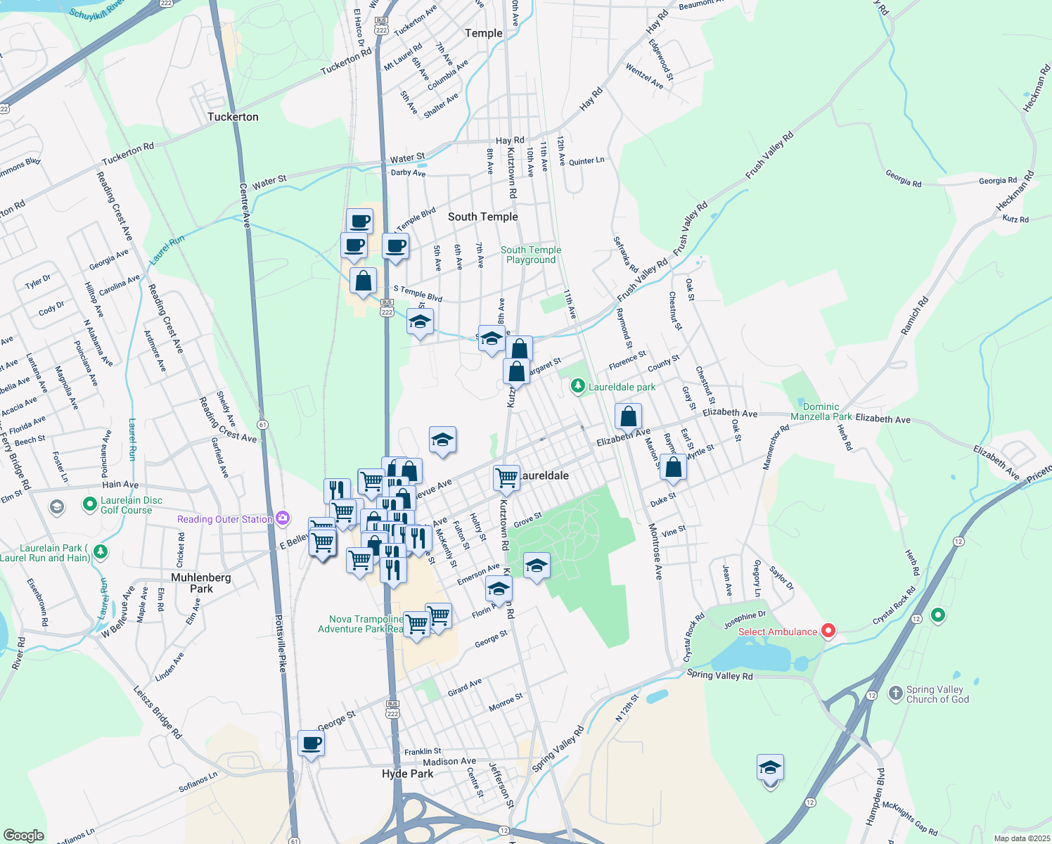 map of restaurants, bars, coffee shops, grocery stores, and more near 3535 Fremont Street in Laureldale