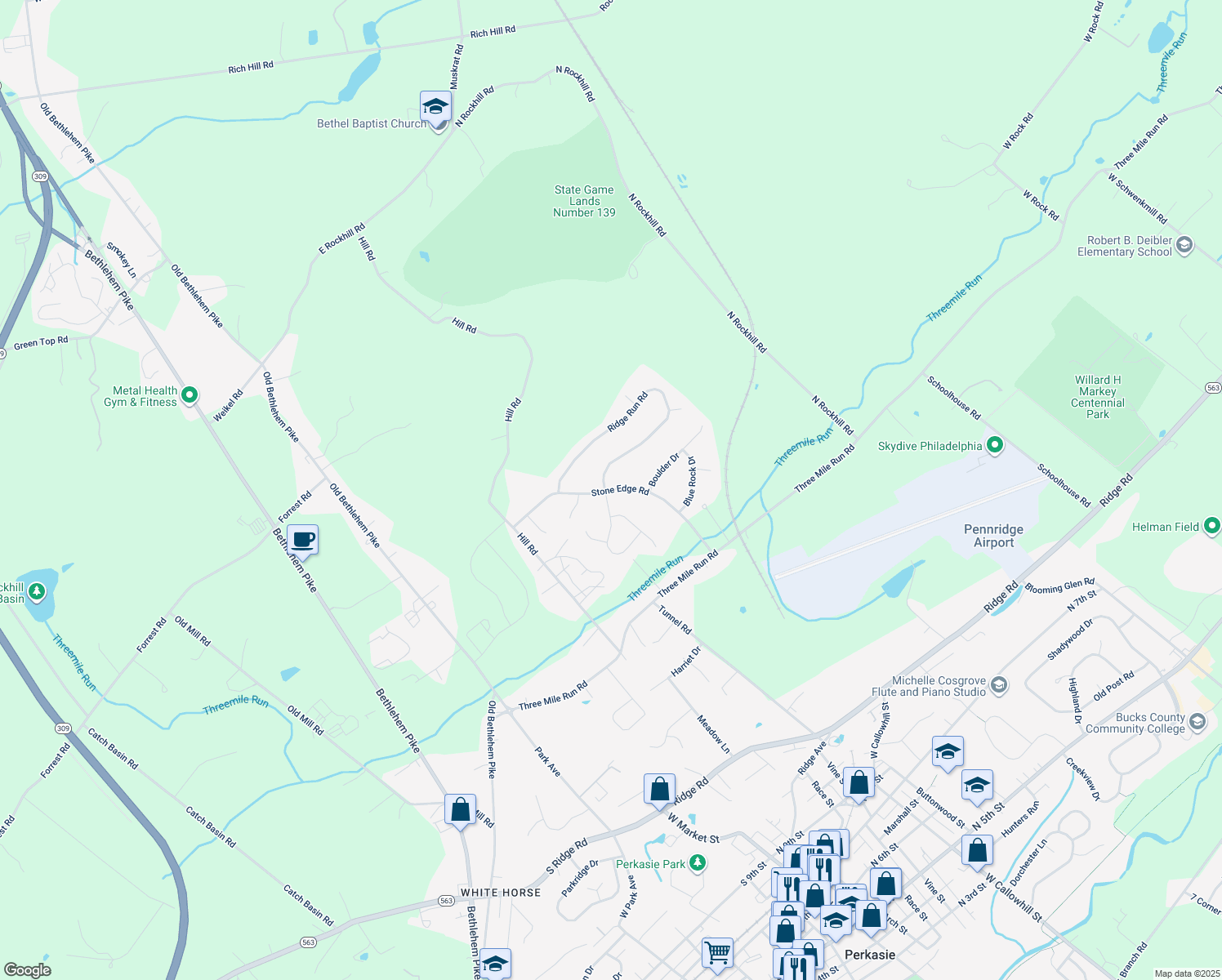 map of restaurants, bars, coffee shops, grocery stores, and more near 22 Stone Edge Rd in Sellersville