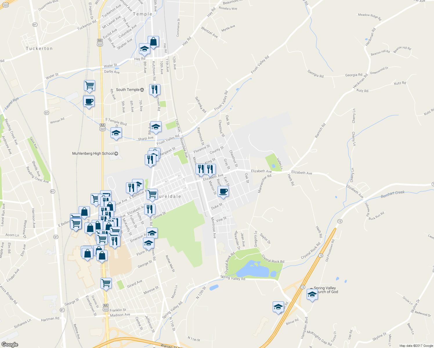 map of restaurants, bars, coffee shops, grocery stores, and more near 1701 Elizabeth Avenue in Laureldale