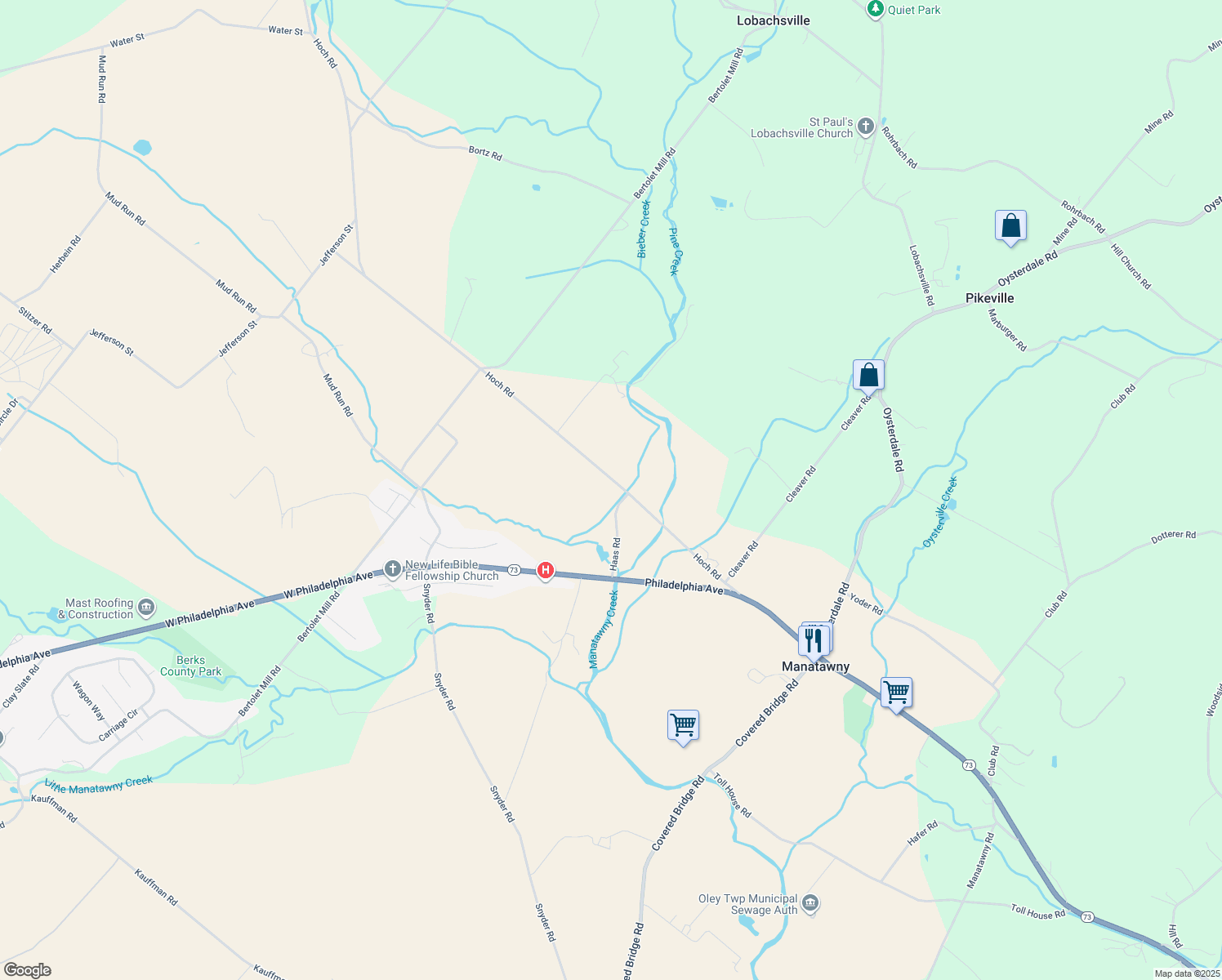 map of restaurants, bars, coffee shops, grocery stores, and more near 38 Haas Road in Oley