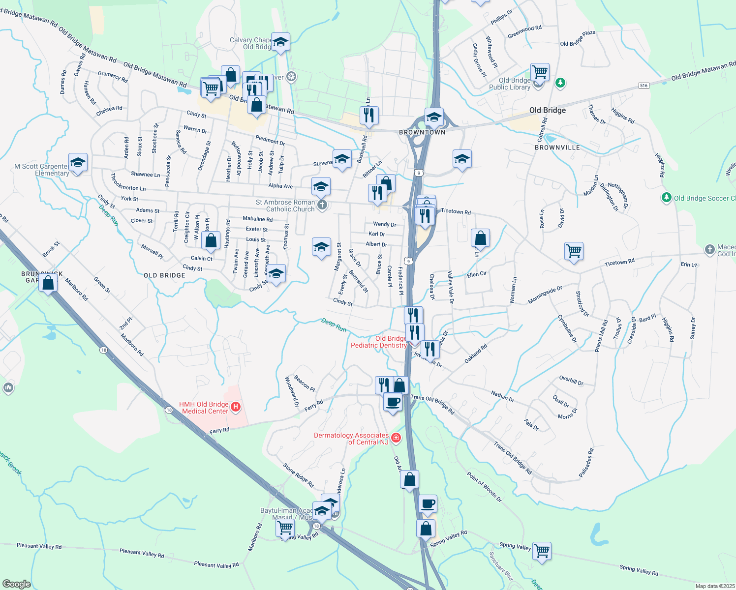 map of restaurants, bars, coffee shops, grocery stores, and more near 36 Bertrand Street in Old Bridge Township