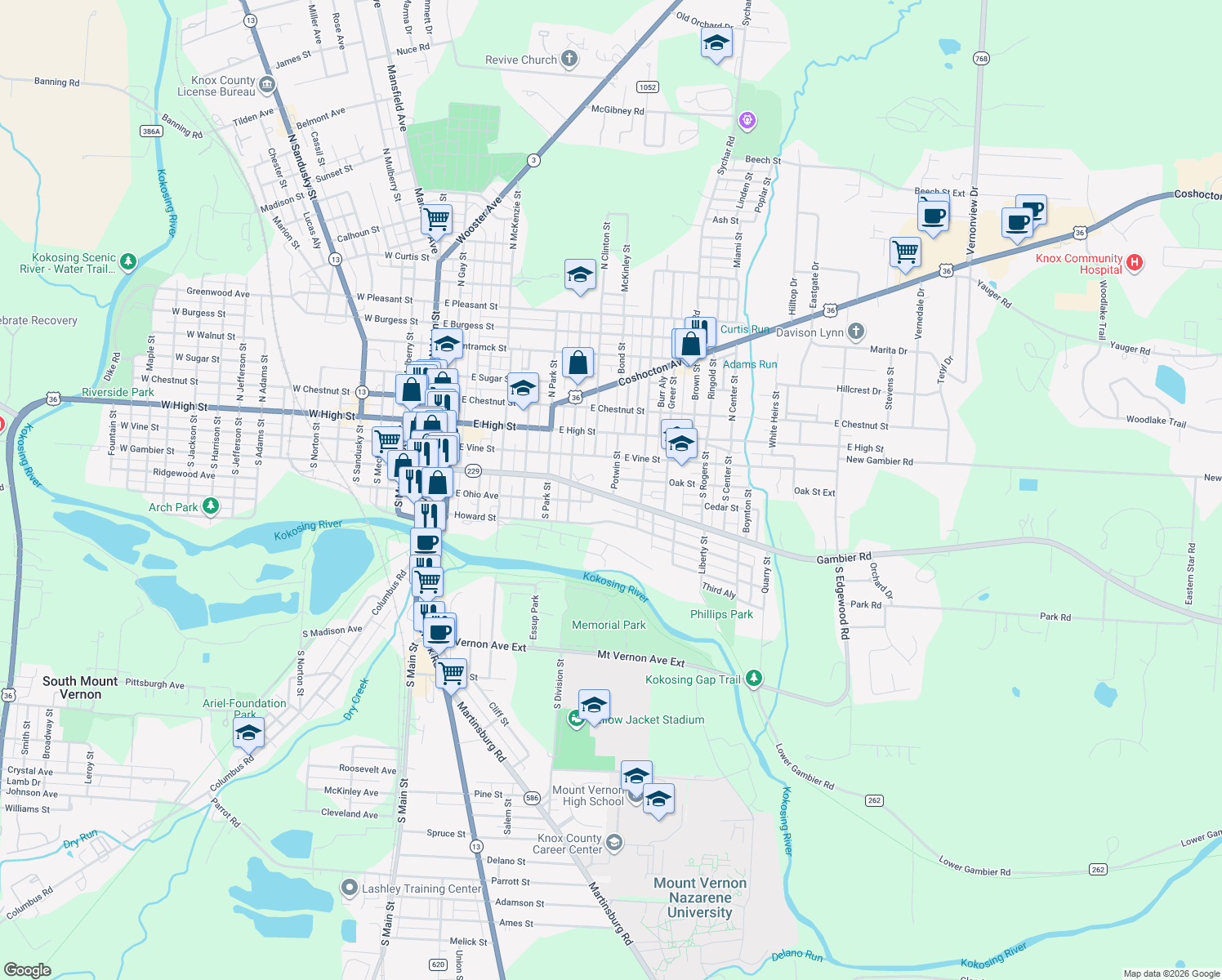 map of restaurants, bars, coffee shops, grocery stores, and more near 519 East Gambier Street in Mount Vernon