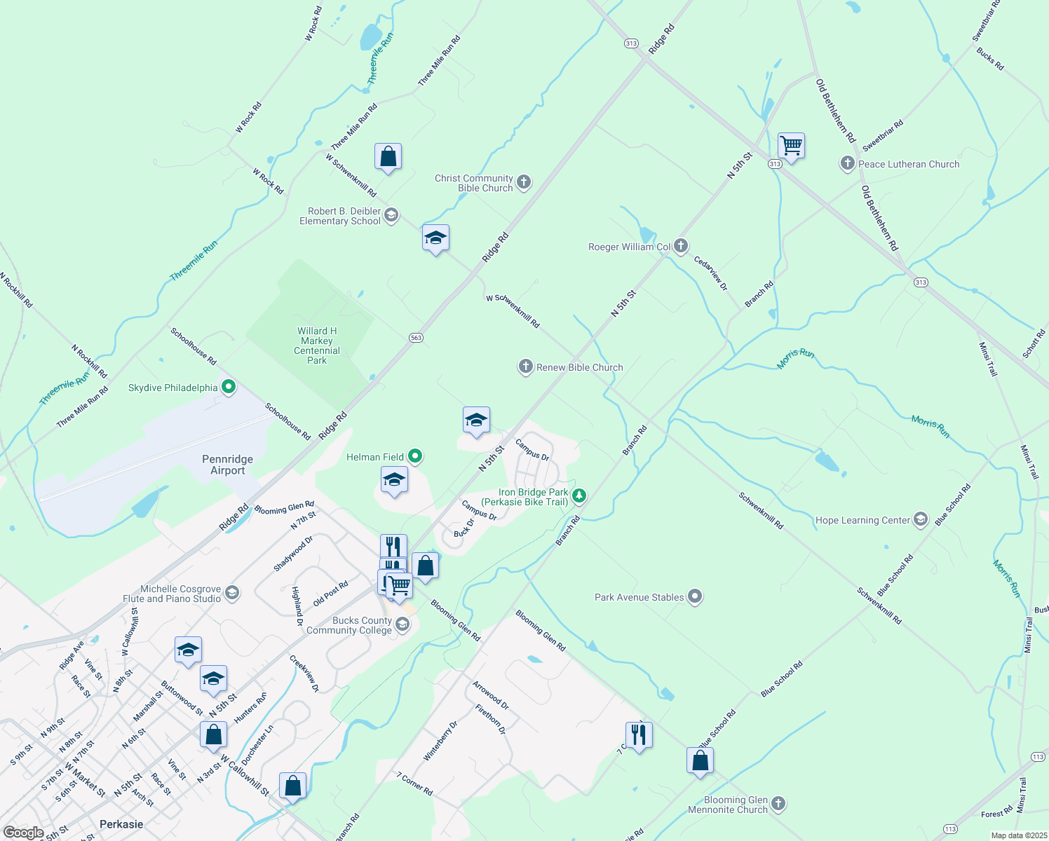 map of restaurants, bars, coffee shops, grocery stores, and more near 1601 North 5th Street in Perkasie