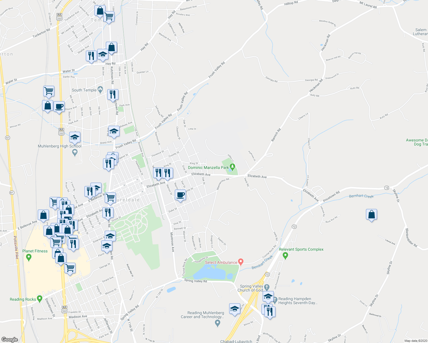 map of restaurants, bars, coffee shops, grocery stores, and more near 2113 Elizabeth Avenue in Laureldale