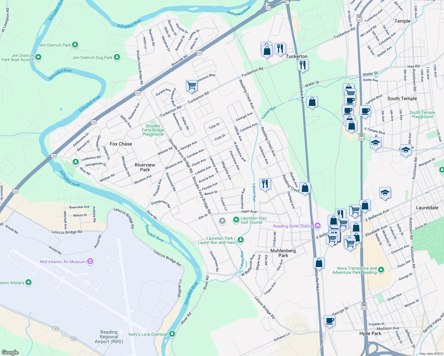 map of restaurants, bars, coffee shops, grocery stores, and more near 3501 Lantana Ave in Reading