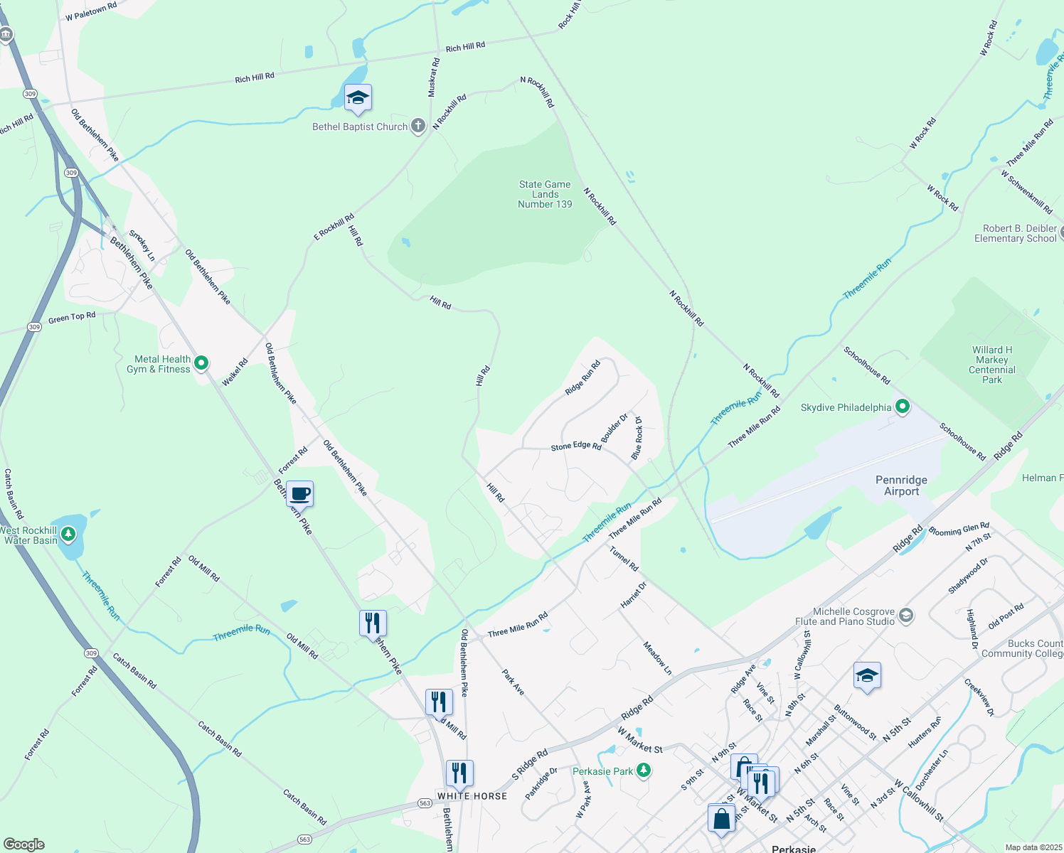 map of restaurants, bars, coffee shops, grocery stores, and more near 12 Ridge Run Road in Sellersville