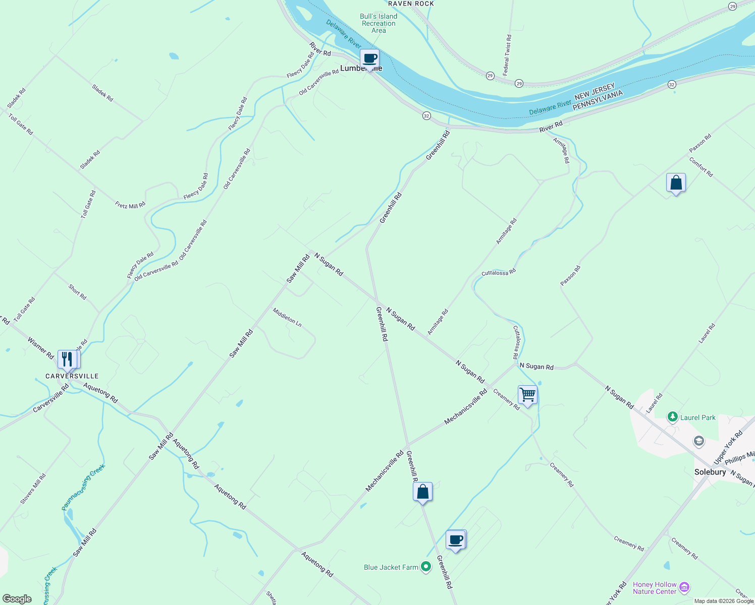 map of restaurants, bars, coffee shops, grocery stores, and more near 6499 Greenhill Rd in New Hope