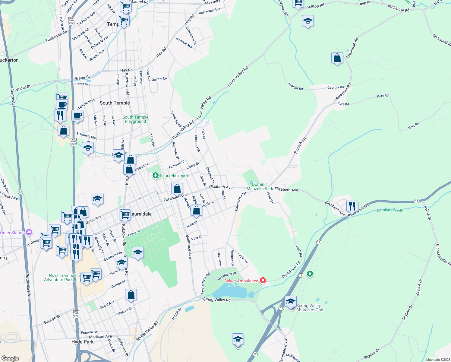 map of restaurants, bars, coffee shops, grocery stores, and more near 3418 Laurel Street in Laureldale