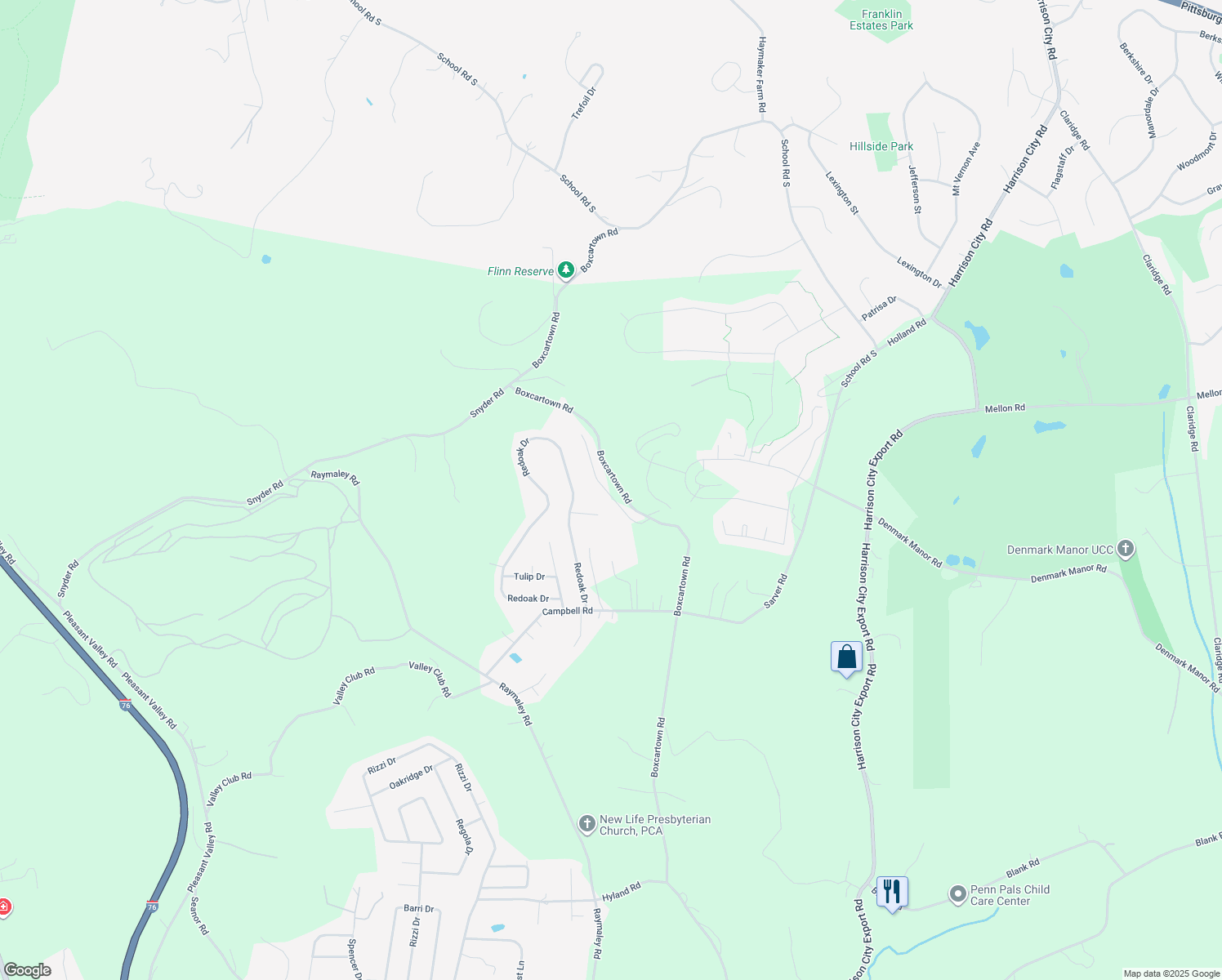 map of restaurants, bars, coffee shops, grocery stores, and more near 1012 Palm Court in Jeannette
