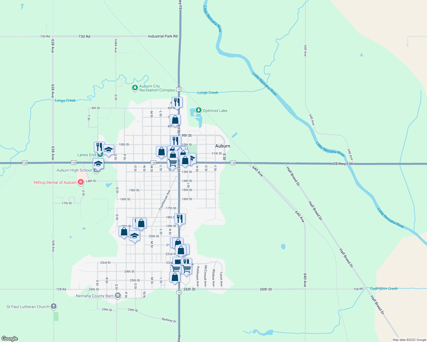 map of restaurants, bars, coffee shops, grocery stores, and more near 600 13th Street in Auburn