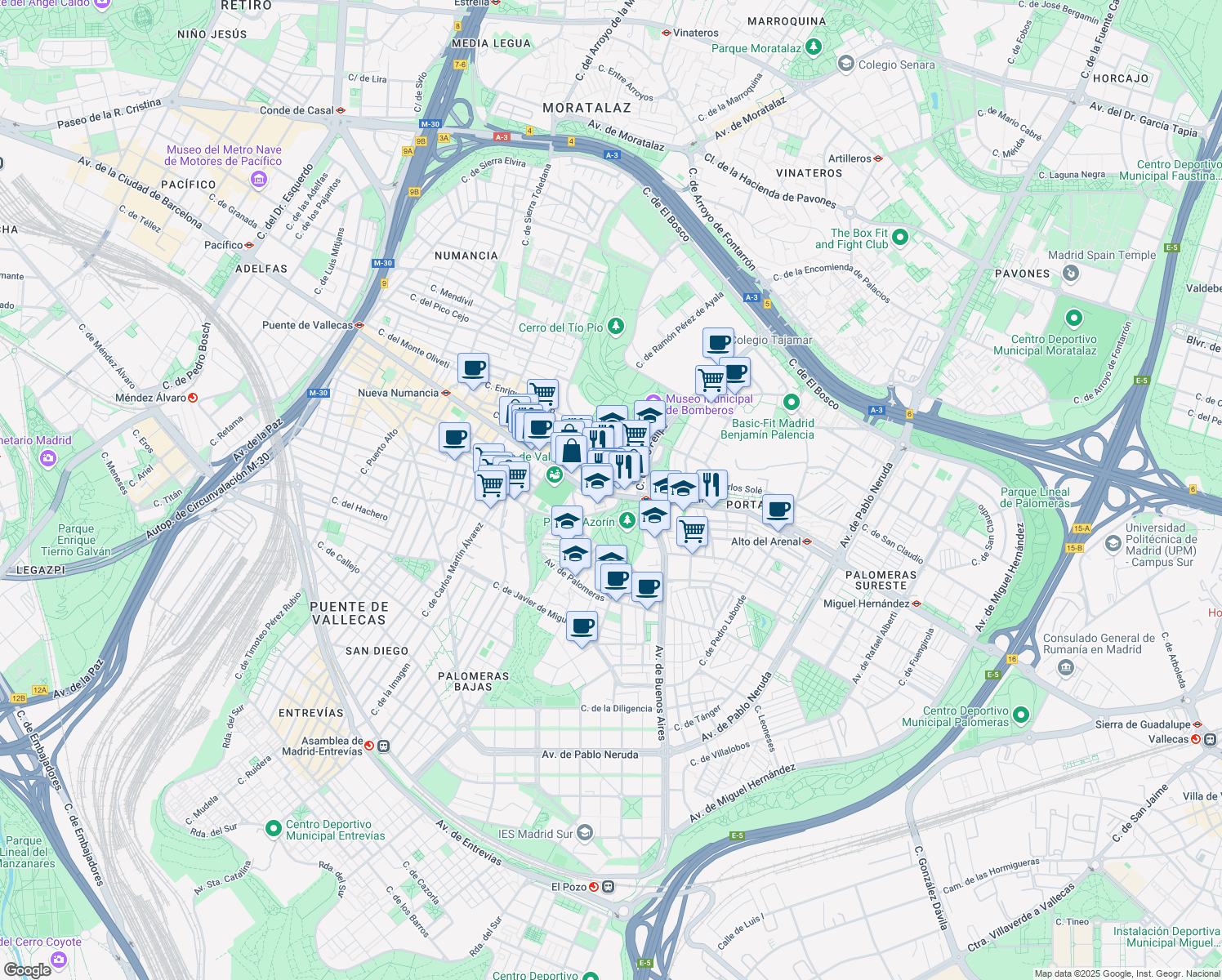 map of restaurants, bars, coffee shops, grocery stores, and more near 153 Avenida de la Albufera in Madrid