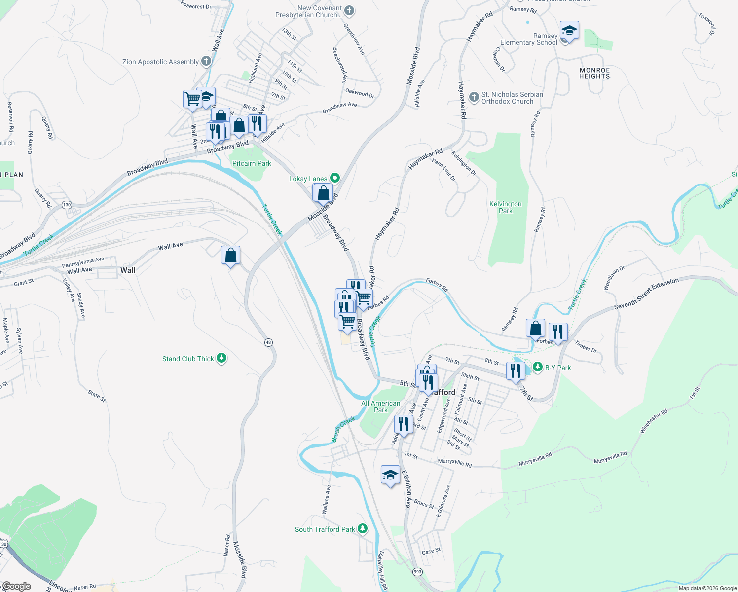 map of restaurants, bars, coffee shops, grocery stores, and more near 1852 Haymaker Road in Monroeville