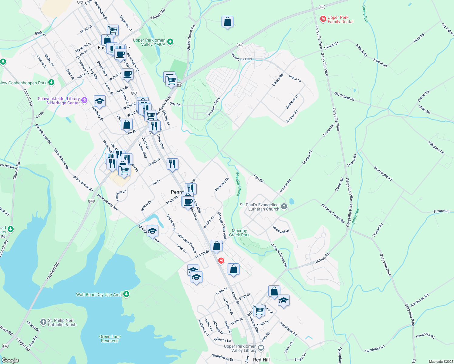 map of restaurants, bars, coffee shops, grocery stores, and more near 1028 Runaway Dr in Pennsburg