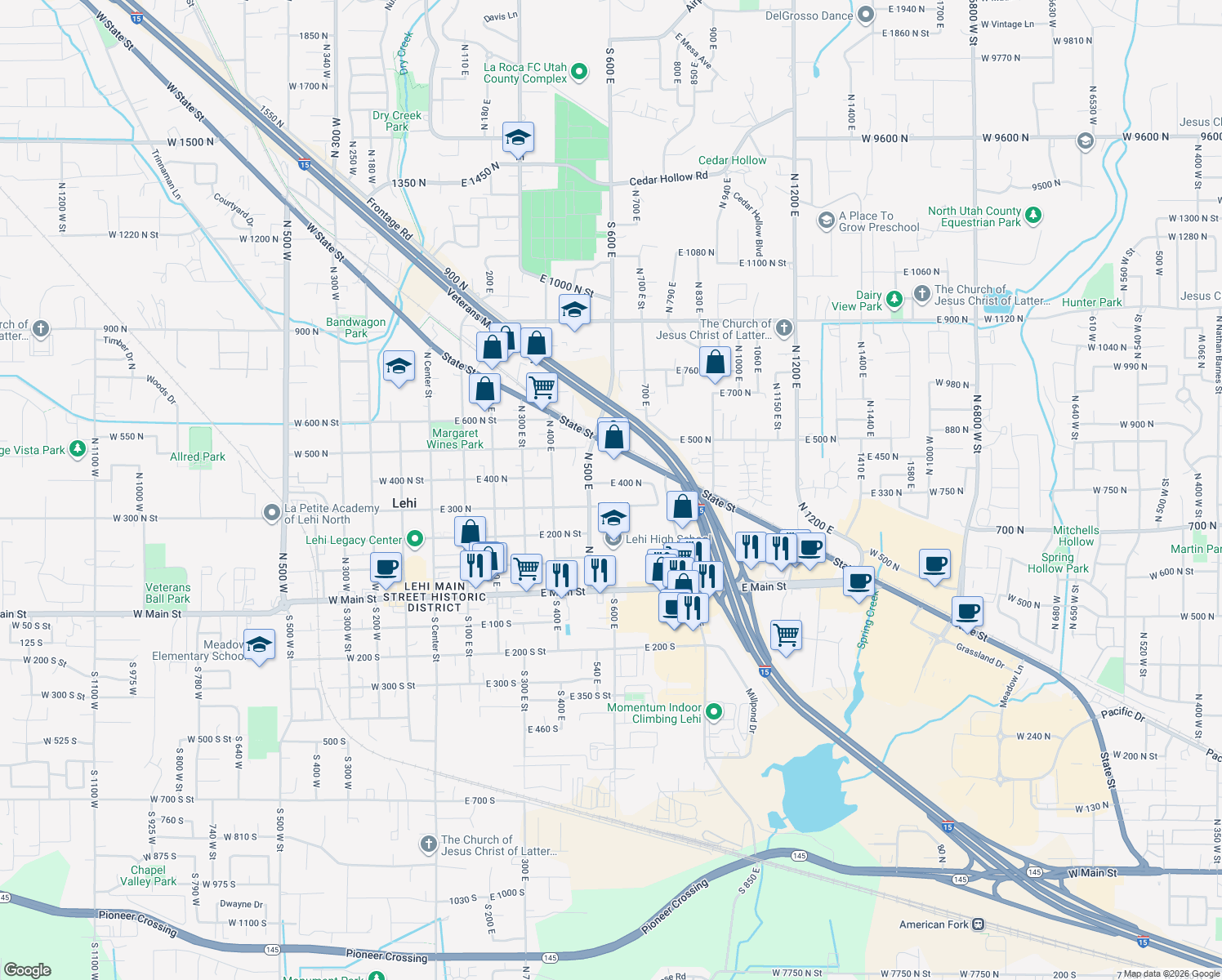 map of restaurants, bars, coffee shops, grocery stores, and more near 604 East 400 North in Lehi