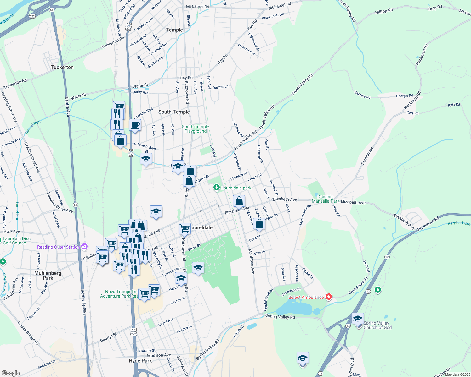 map of restaurants, bars, coffee shops, grocery stores, and more near 1516 County Street in Laureldale