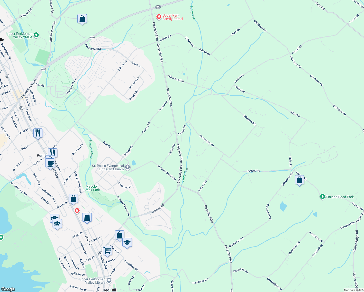 map of restaurants, bars, coffee shops, grocery stores, and more near 2643 Geryville Pike in Pennsburg