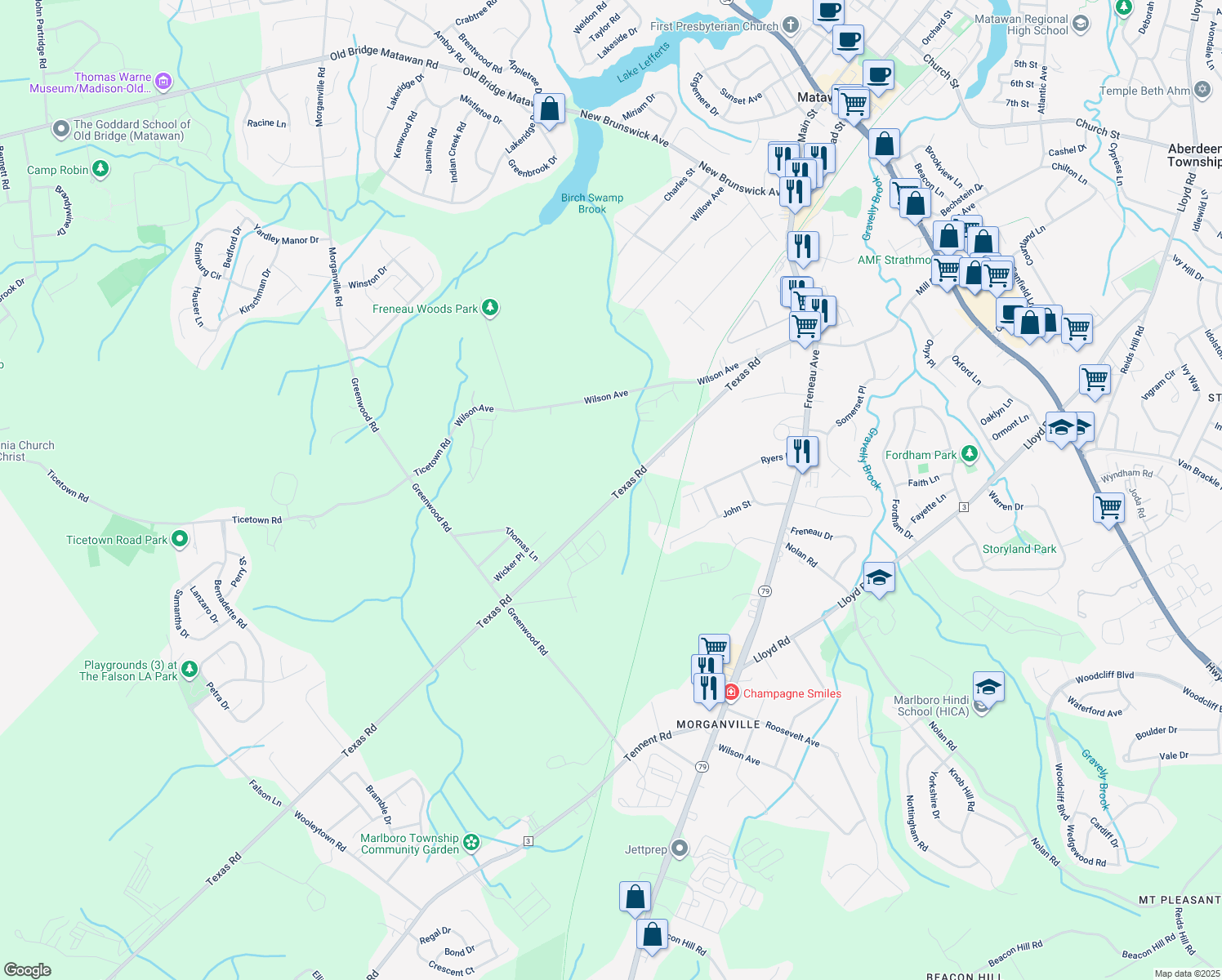 map of restaurants, bars, coffee shops, grocery stores, and more near 116 Texas Road in Marlboro Township