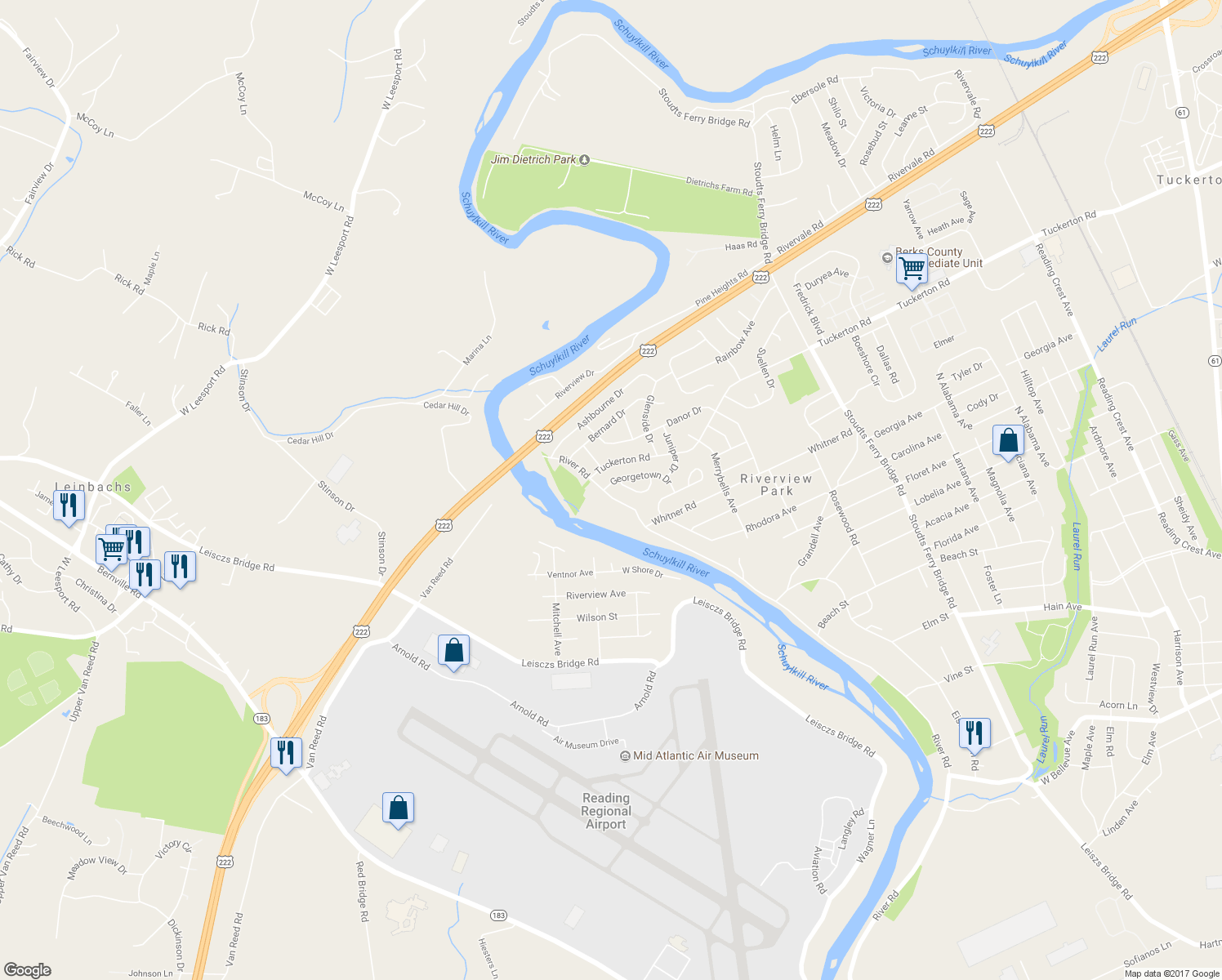 map of restaurants, bars, coffee shops, grocery stores, and more near 4029 River Road in Reading