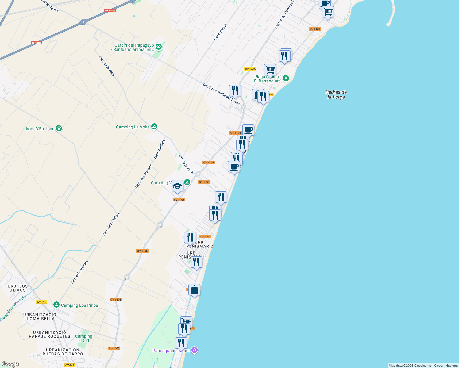 map of restaurants, bars, coffee shops, grocery stores, and more near 1 Avenida Papa Luna e 130 in Peñíscola