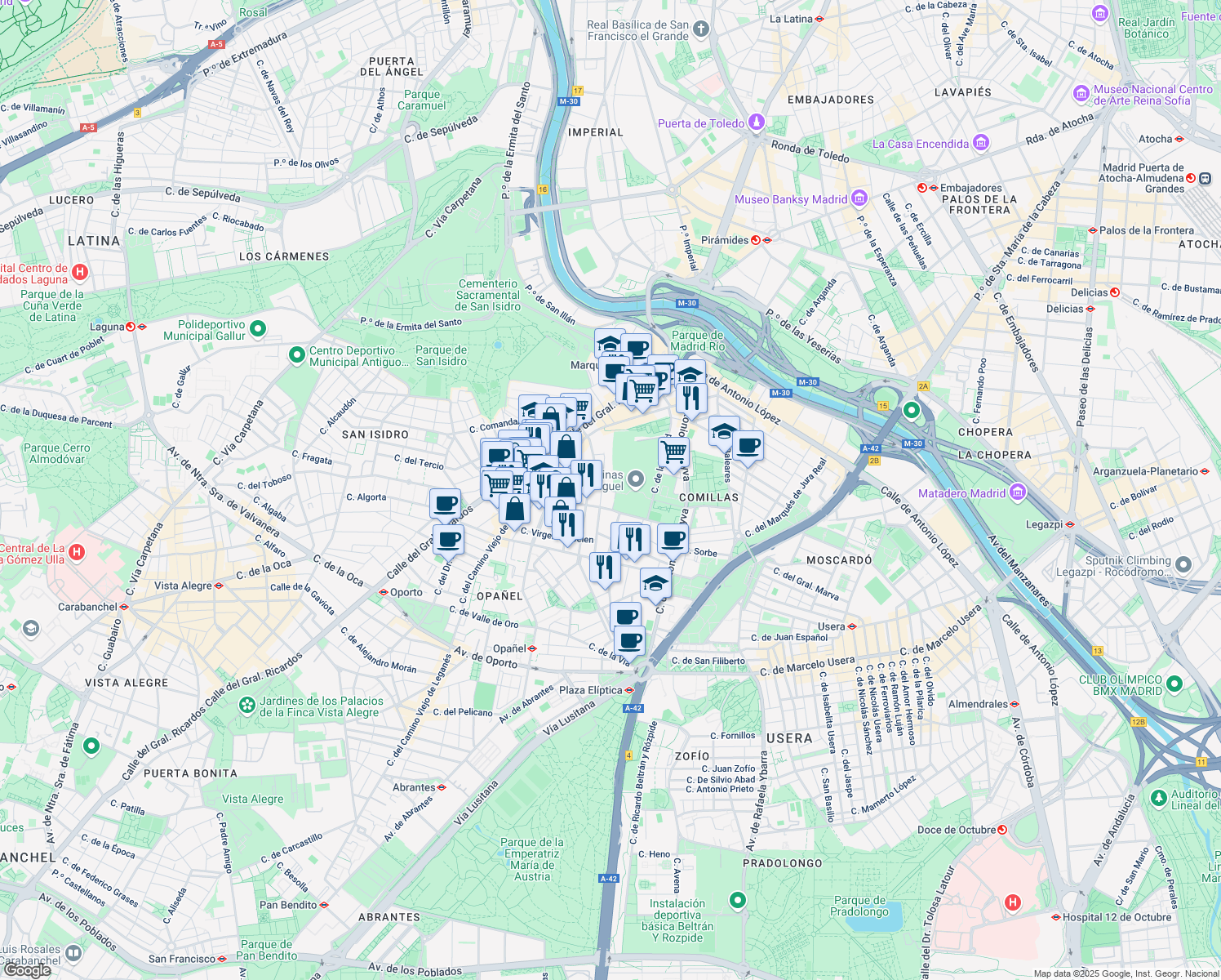 map of restaurants, bars, coffee shops, grocery stores, and more near 7 Calle Zarco Hermanos in Madrid