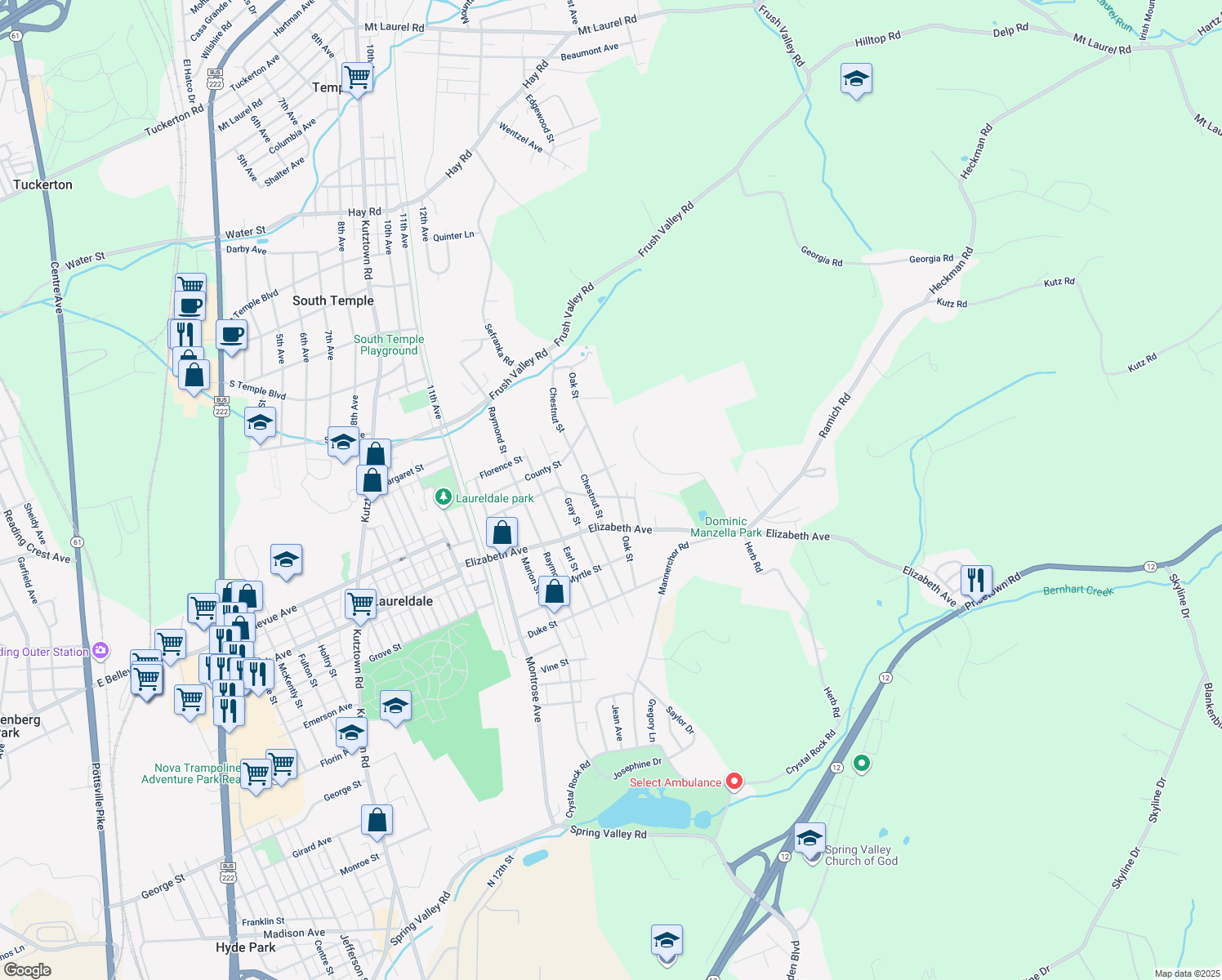 map of restaurants, bars, coffee shops, grocery stores, and more near 3502 Oak Street in Laureldale