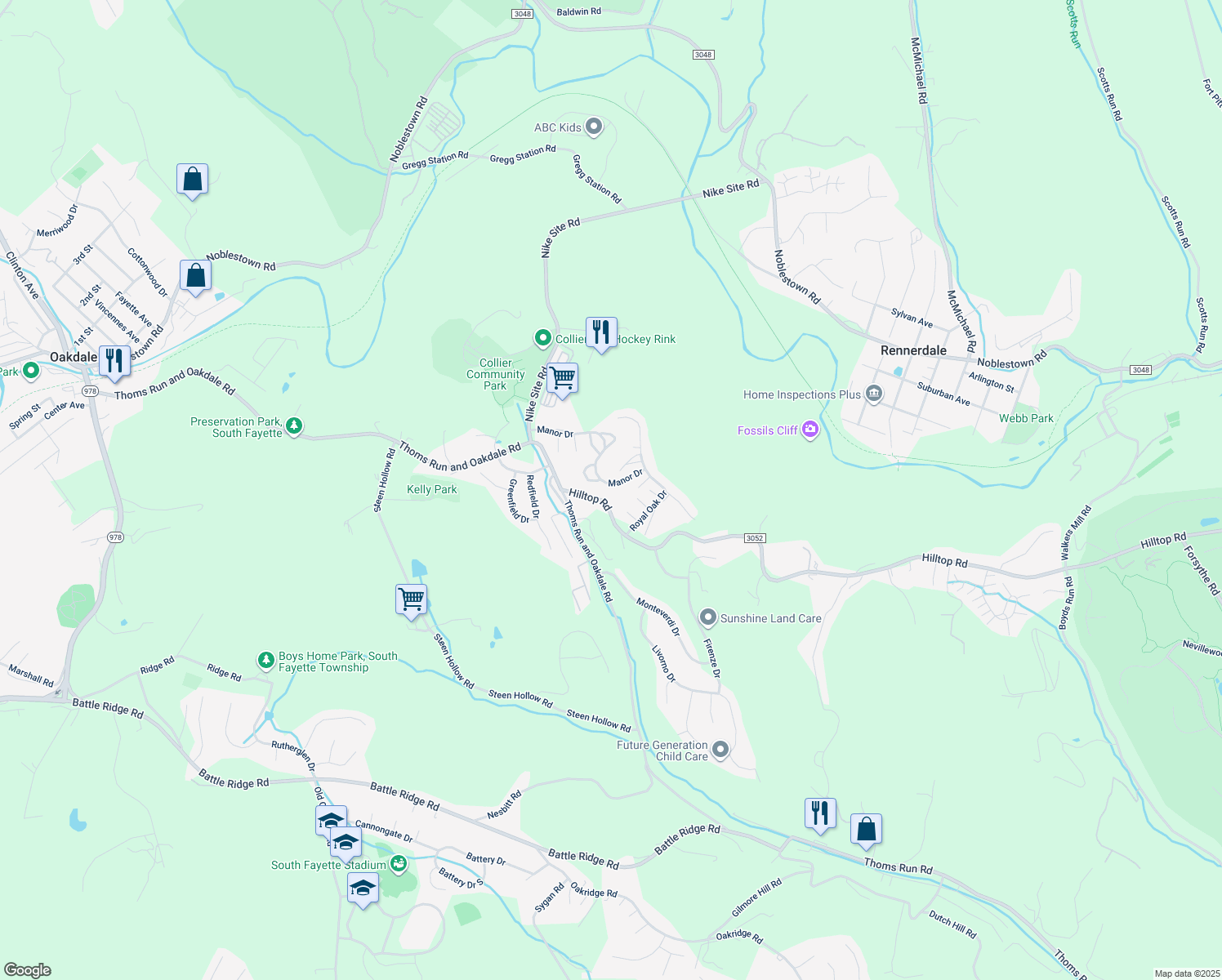map of restaurants, bars, coffee shops, grocery stores, and more near 904 Manor Drive in Oakdale