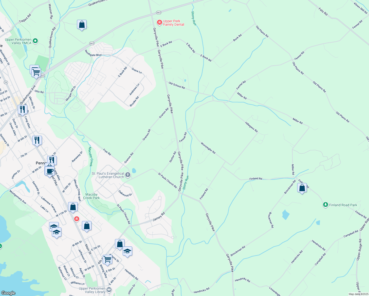map of restaurants, bars, coffee shops, grocery stores, and more near 3020 Kem Road in Pennsburg