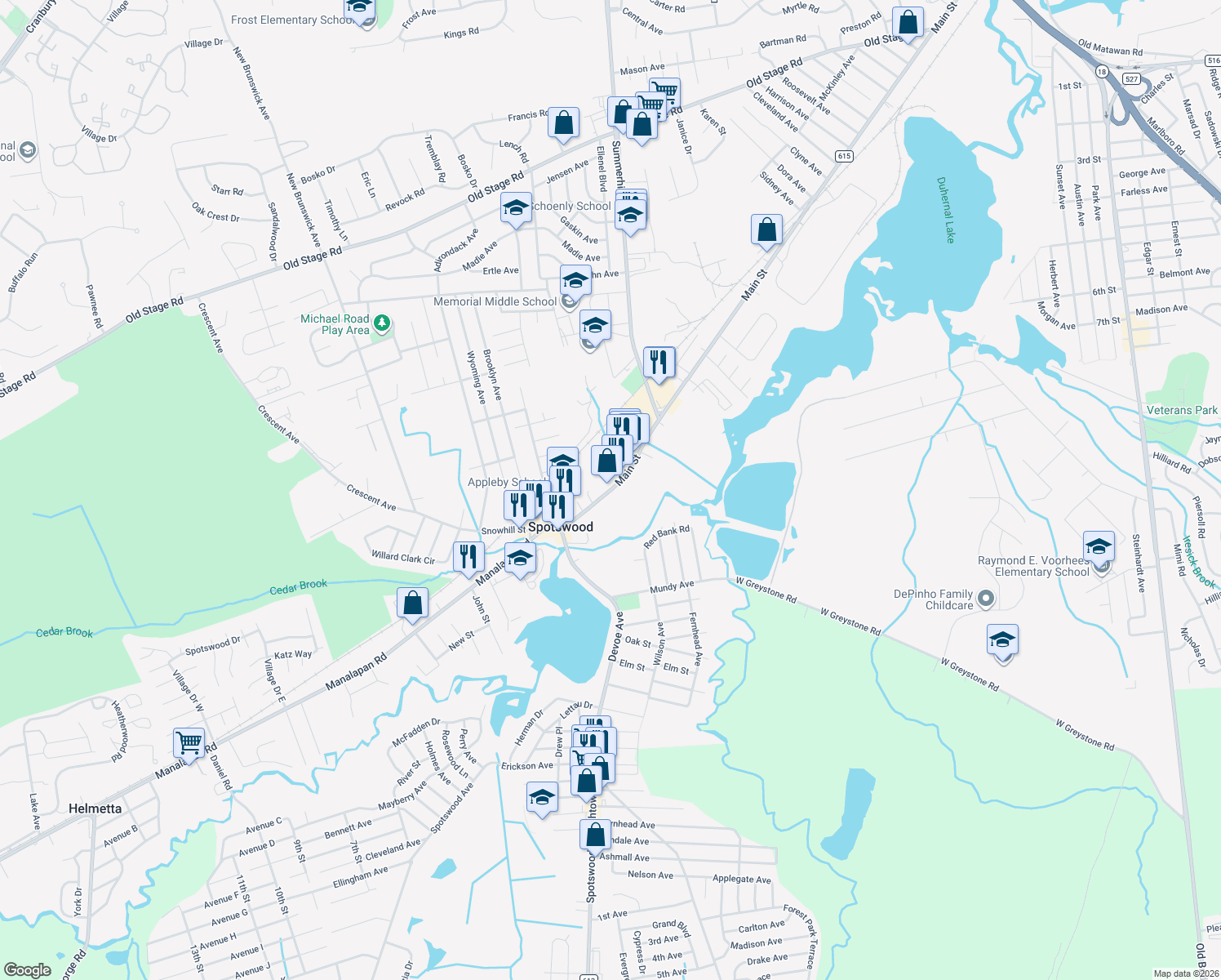 map of restaurants, bars, coffee shops, grocery stores, and more near 441 Manalapan Road in Spotswood