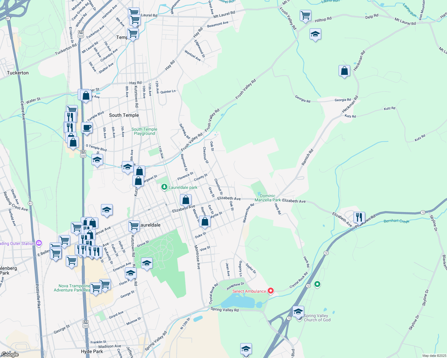 map of restaurants, bars, coffee shops, grocery stores, and more near 3514 Oak Street in Laureldale