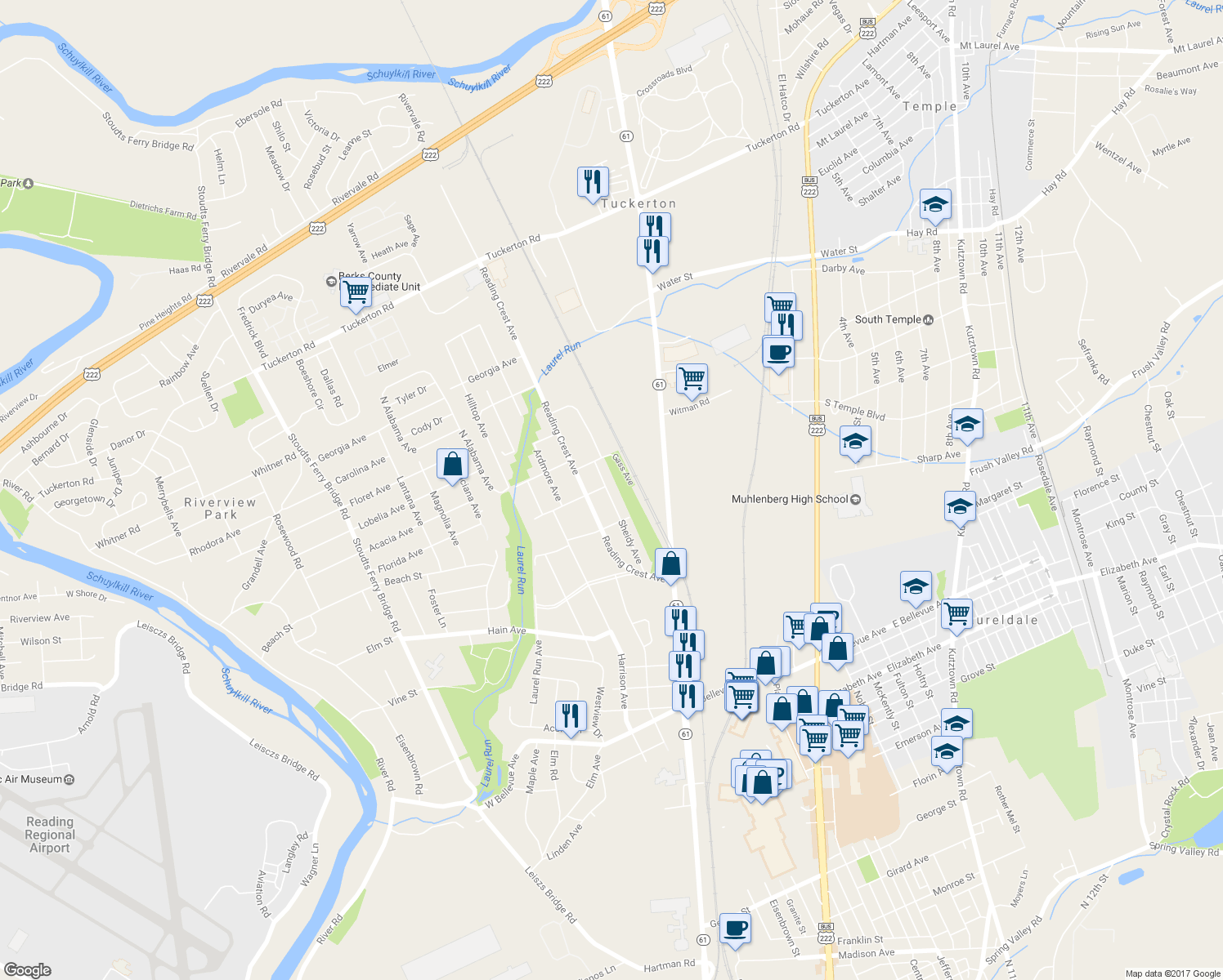 map of restaurants, bars, coffee shops, grocery stores, and more near 3415 Sheidy Avenue in Reading