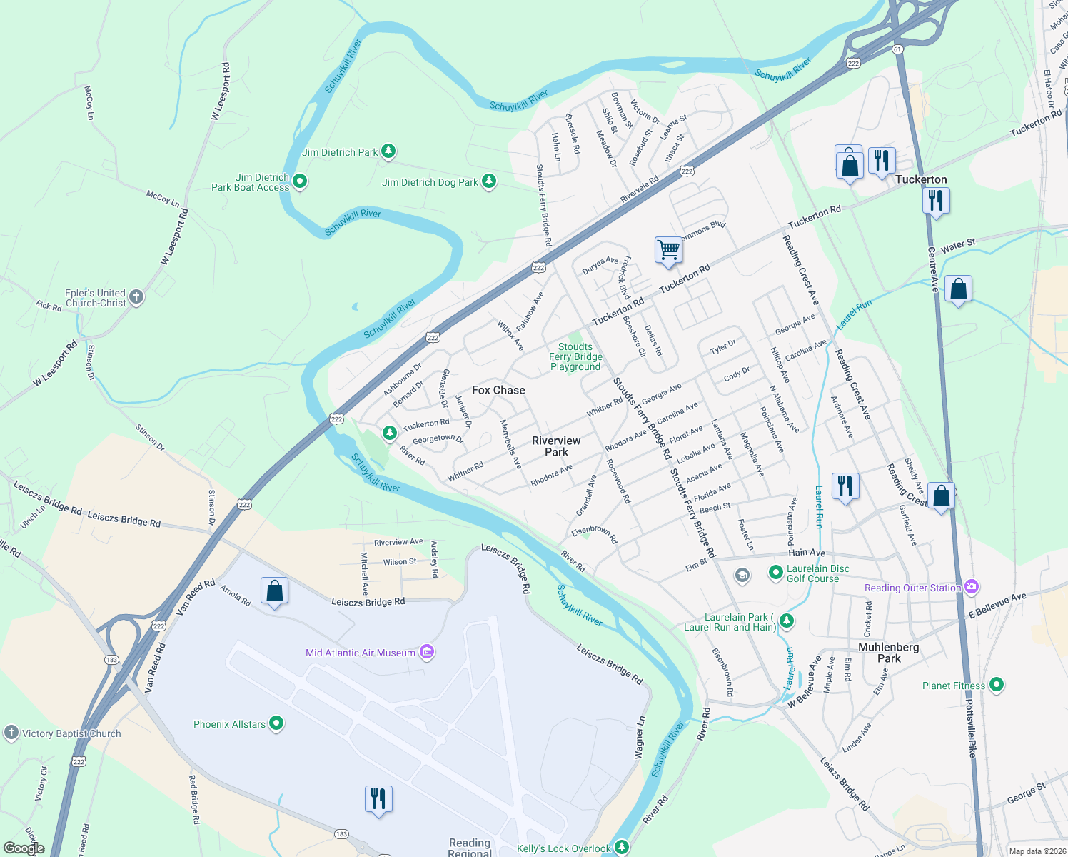 map of restaurants, bars, coffee shops, grocery stores, and more near 1002 Netherwood Dr in Reading