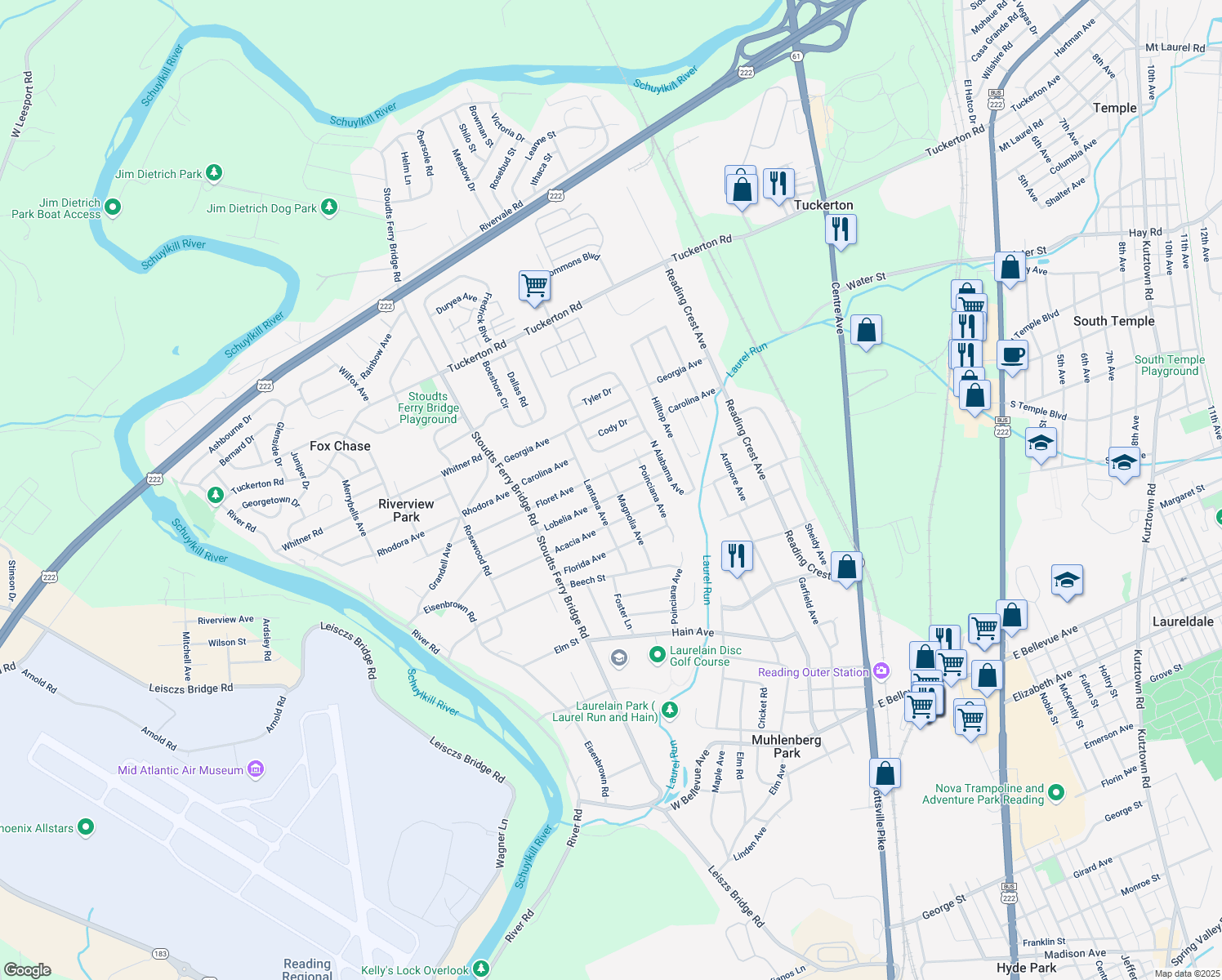 map of restaurants, bars, coffee shops, grocery stores, and more near 601 Lobelia Avenue in Reading