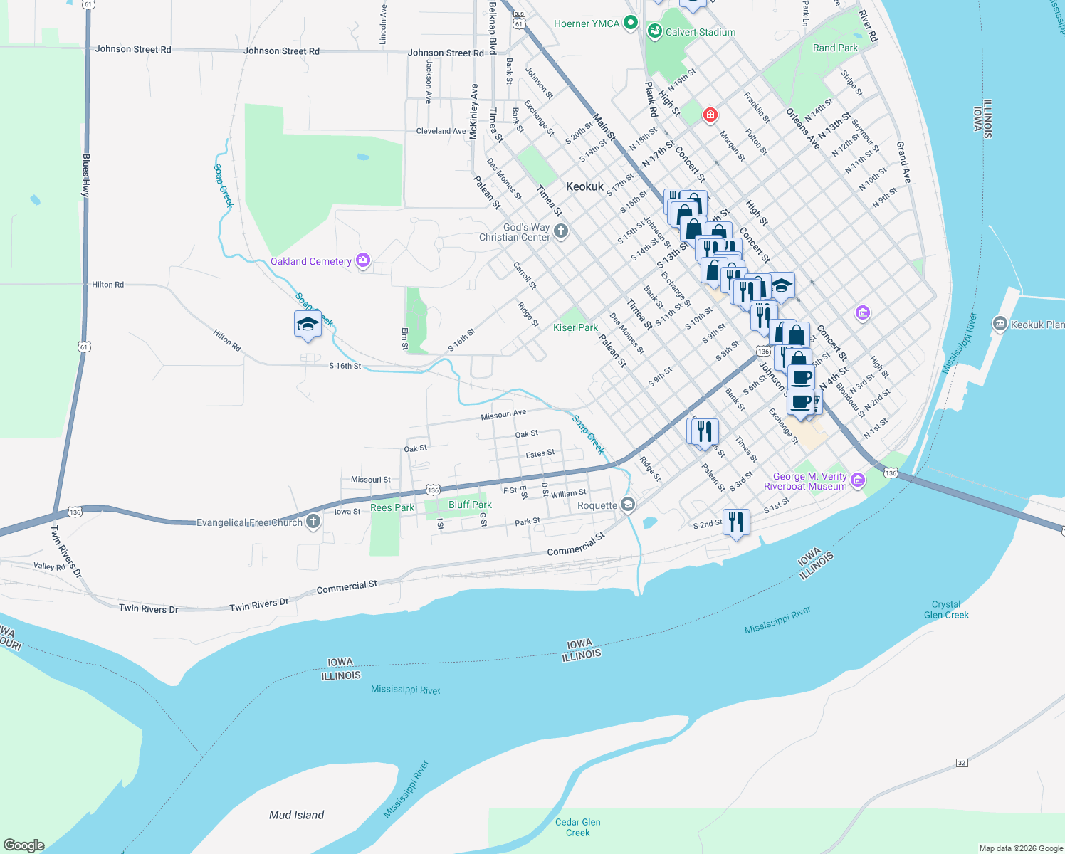 map of restaurants, bars, coffee shops, grocery stores, and more near 1306 Oak Street in Keokuk