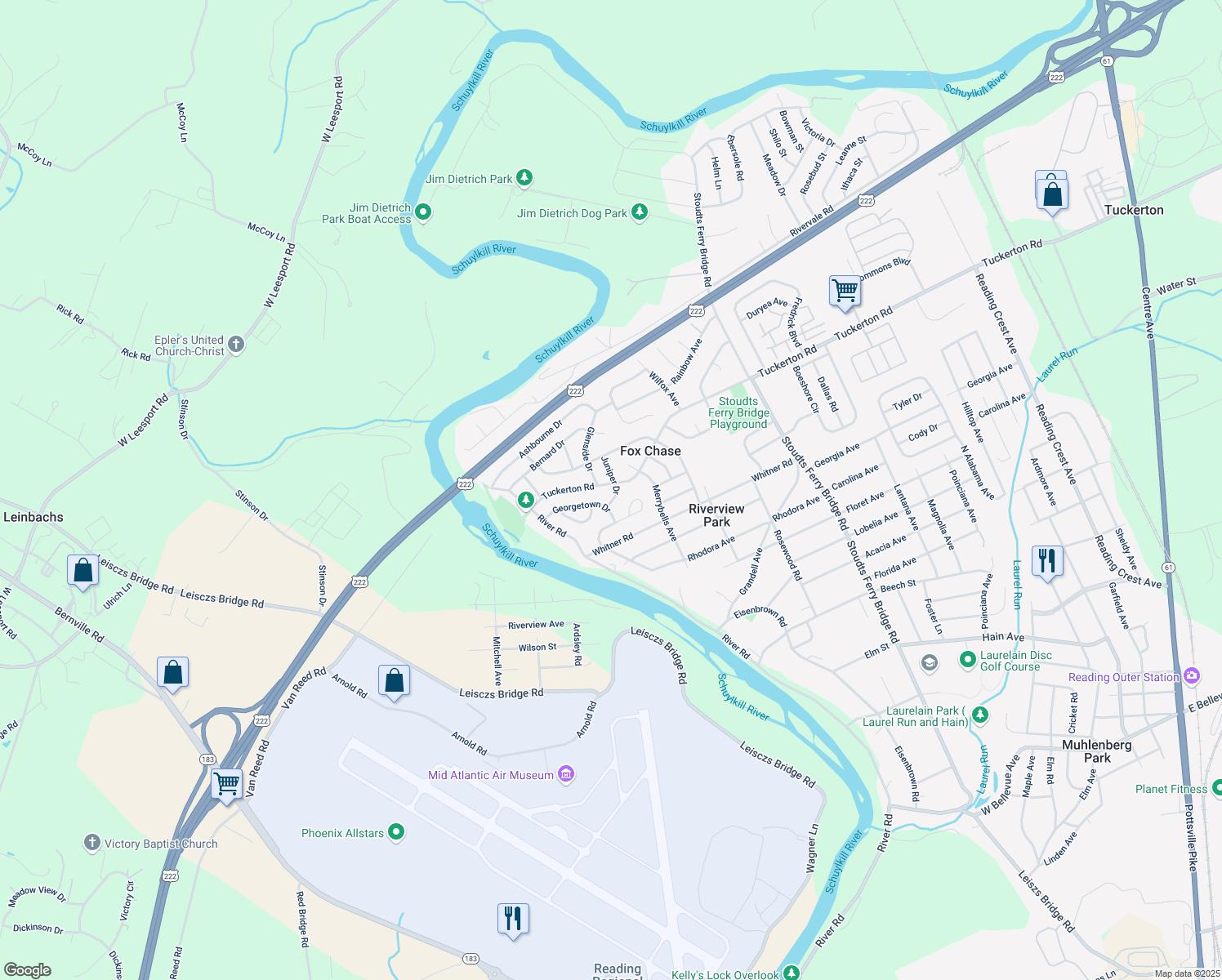 map of restaurants, bars, coffee shops, grocery stores, and more near 1110 Tuckerton Road in Reading