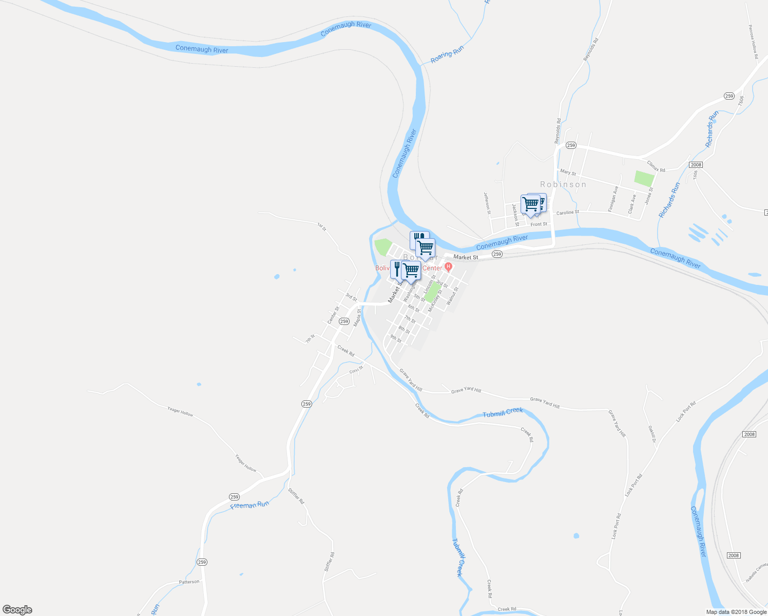 map of restaurants, bars, coffee shops, grocery stores, and more near 541 Market Street in Bolivar