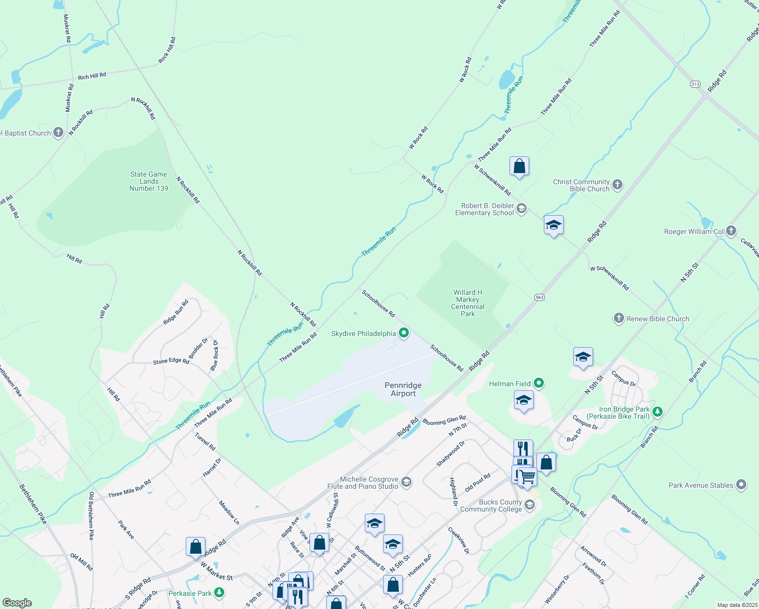 map of restaurants, bars, coffee shops, grocery stores, and more near 1427 Schoolhouse Road in Perkasie
