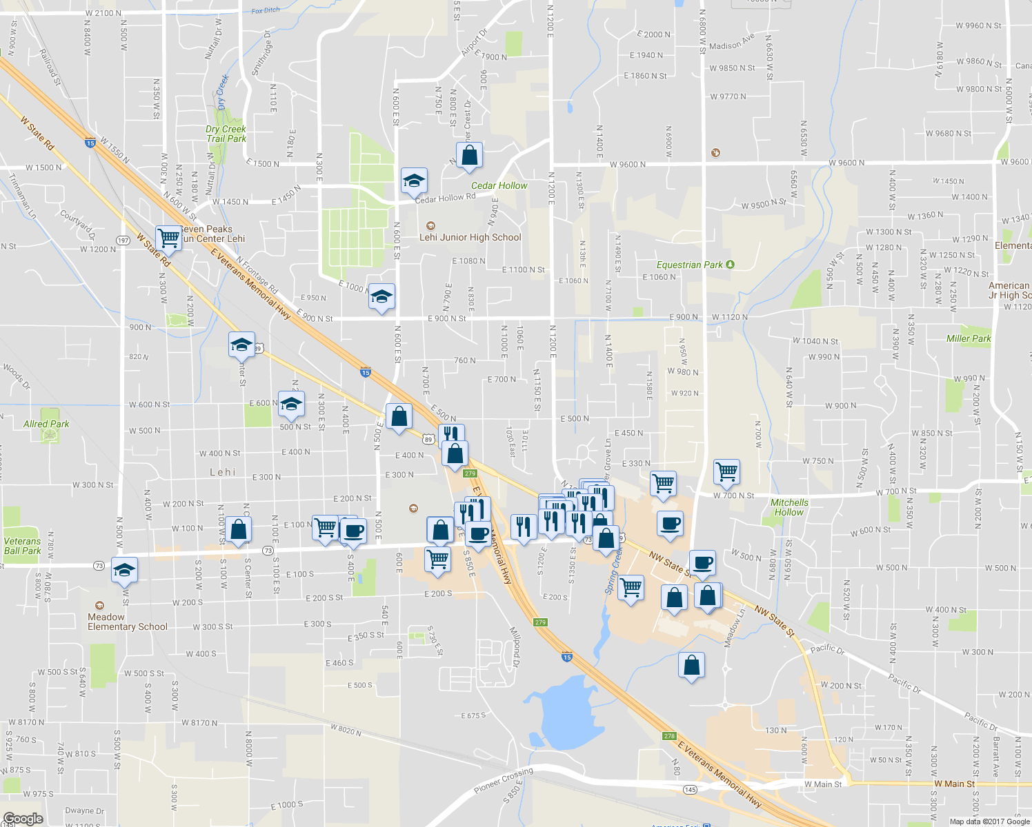 map of restaurants, bars, coffee shops, grocery stores, and more near 1115 East 500 North in Lehi