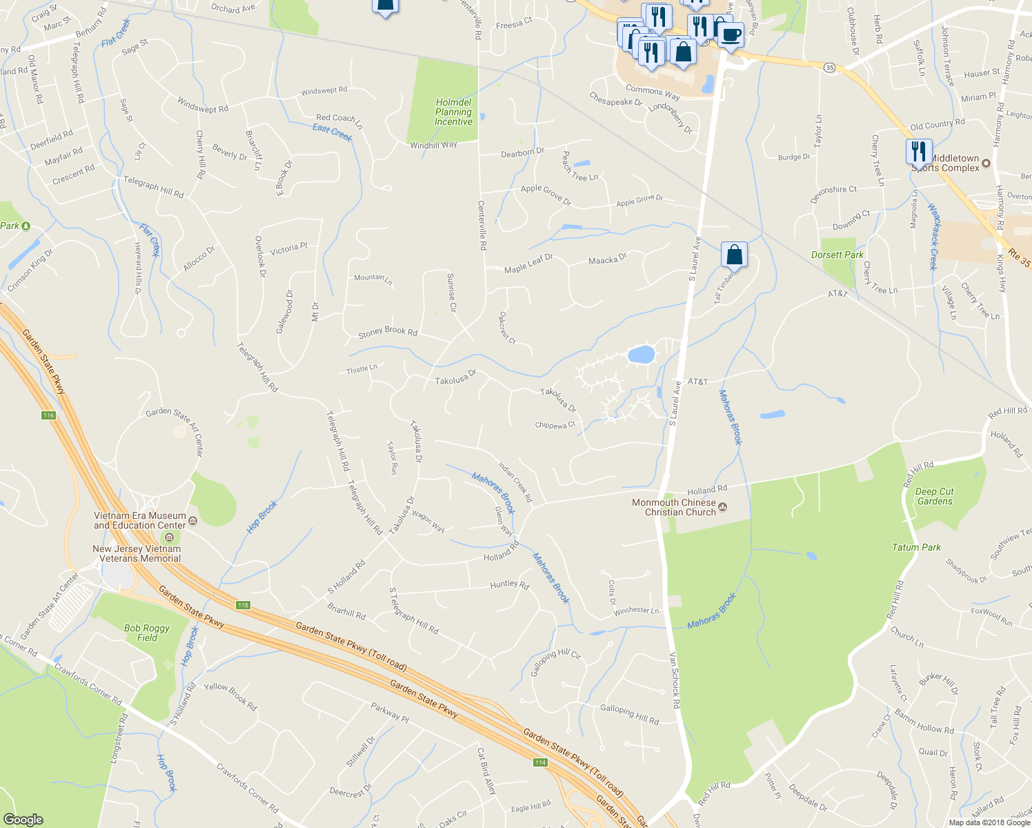 map of restaurants, bars, coffee shops, grocery stores, and more near 7 Jayhawk Way in Holmdel
