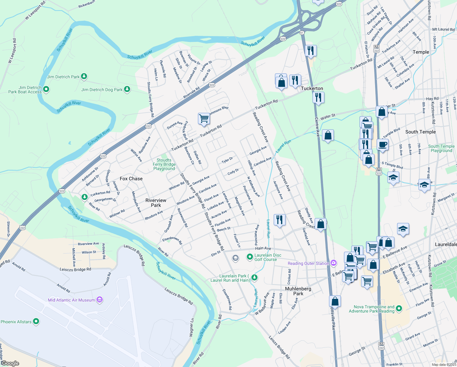 map of restaurants, bars, coffee shops, grocery stores, and more near 3925 North Alabama Avenue in Reading