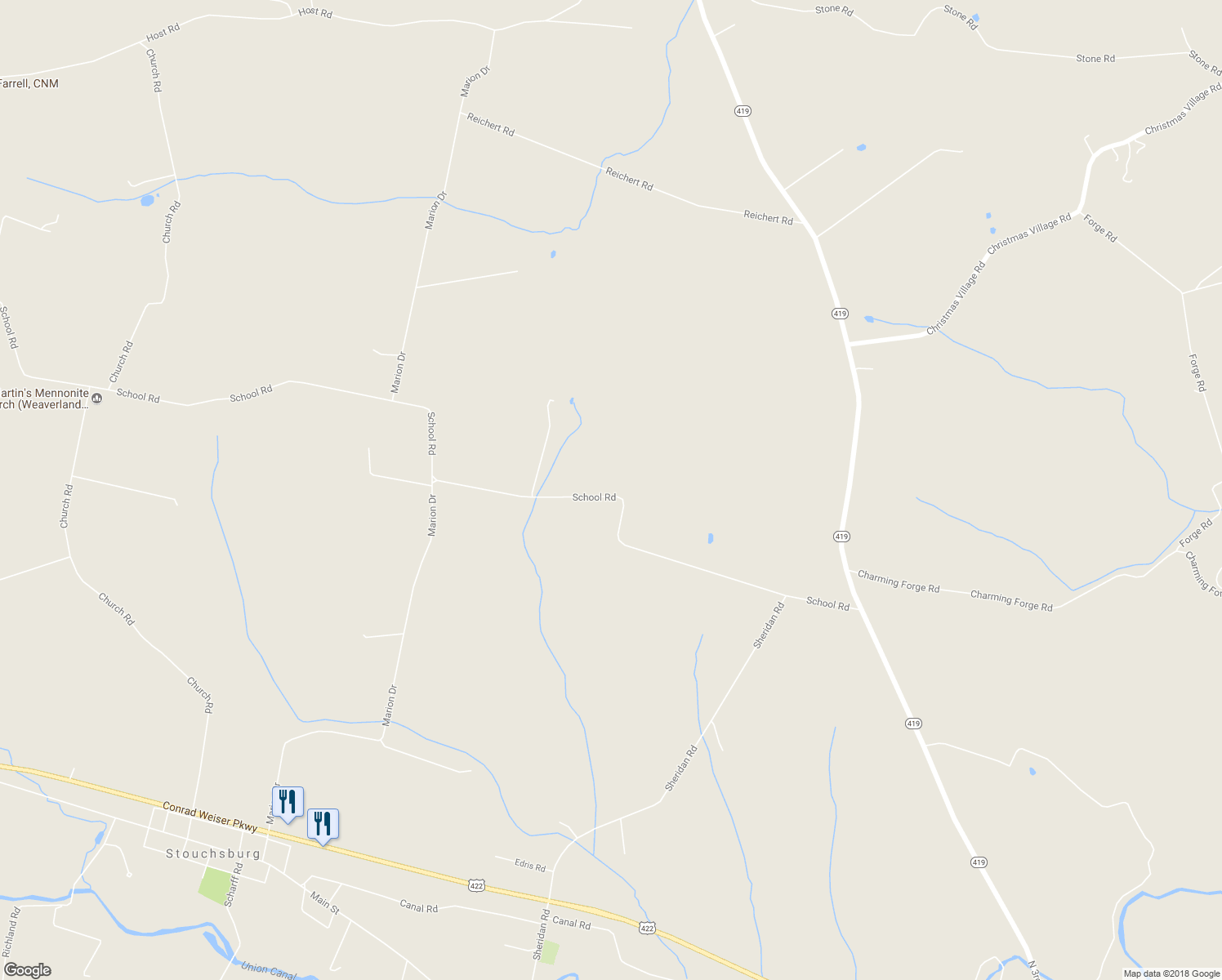 map of restaurants, bars, coffee shops, grocery stores, and more near 233 School Road in Womelsdorf