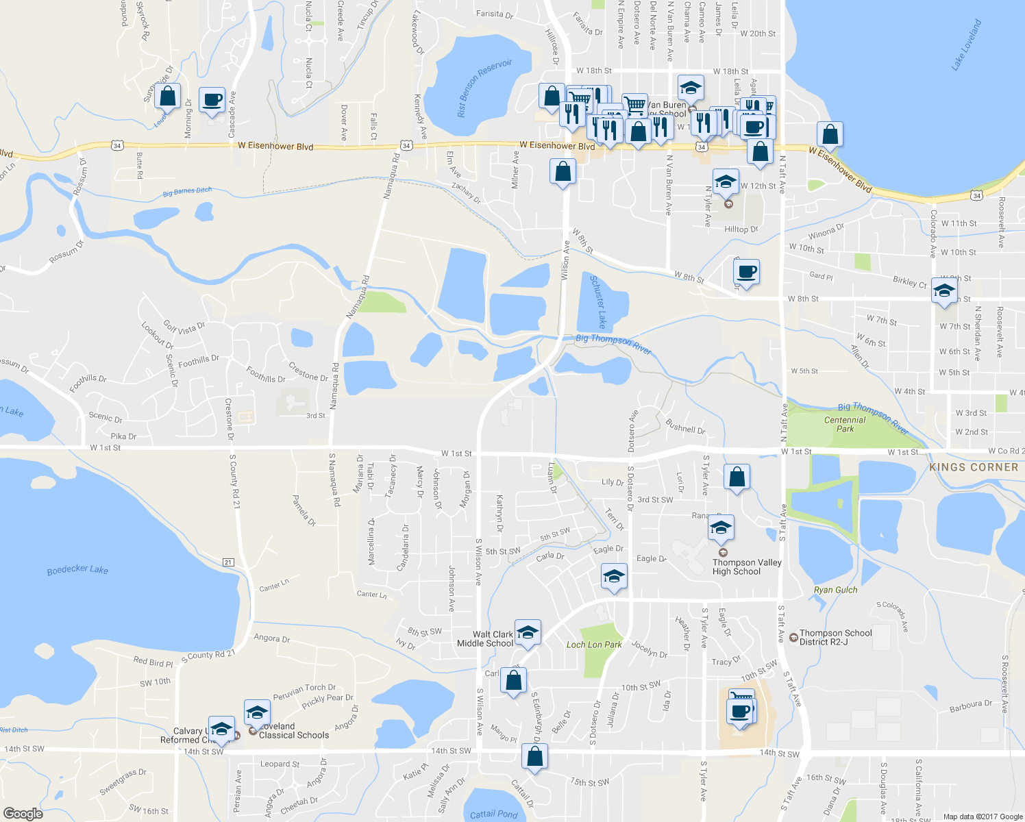 map of restaurants, bars, coffee shops, grocery stores, and more near 200 North Wilson Avenue in Loveland