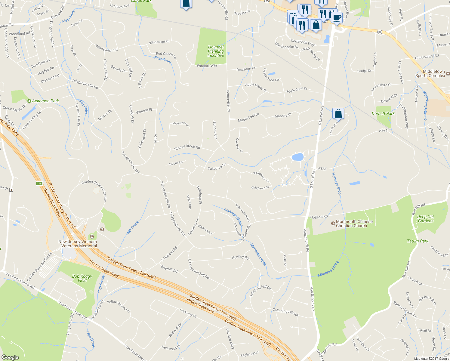 map of restaurants, bars, coffee shops, grocery stores, and more near 4 Tycor Run in Holmdel