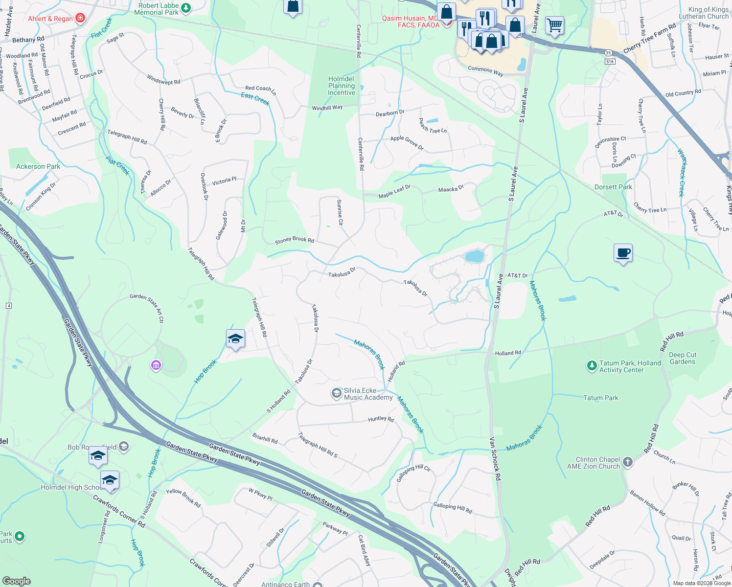 map of restaurants, bars, coffee shops, grocery stores, and more near 2 Tycor Run in Holmdel