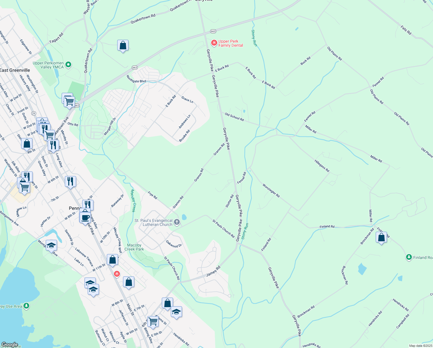 map of restaurants, bars, coffee shops, grocery stores, and more near 2442 Gramm Rd in Pennsburg