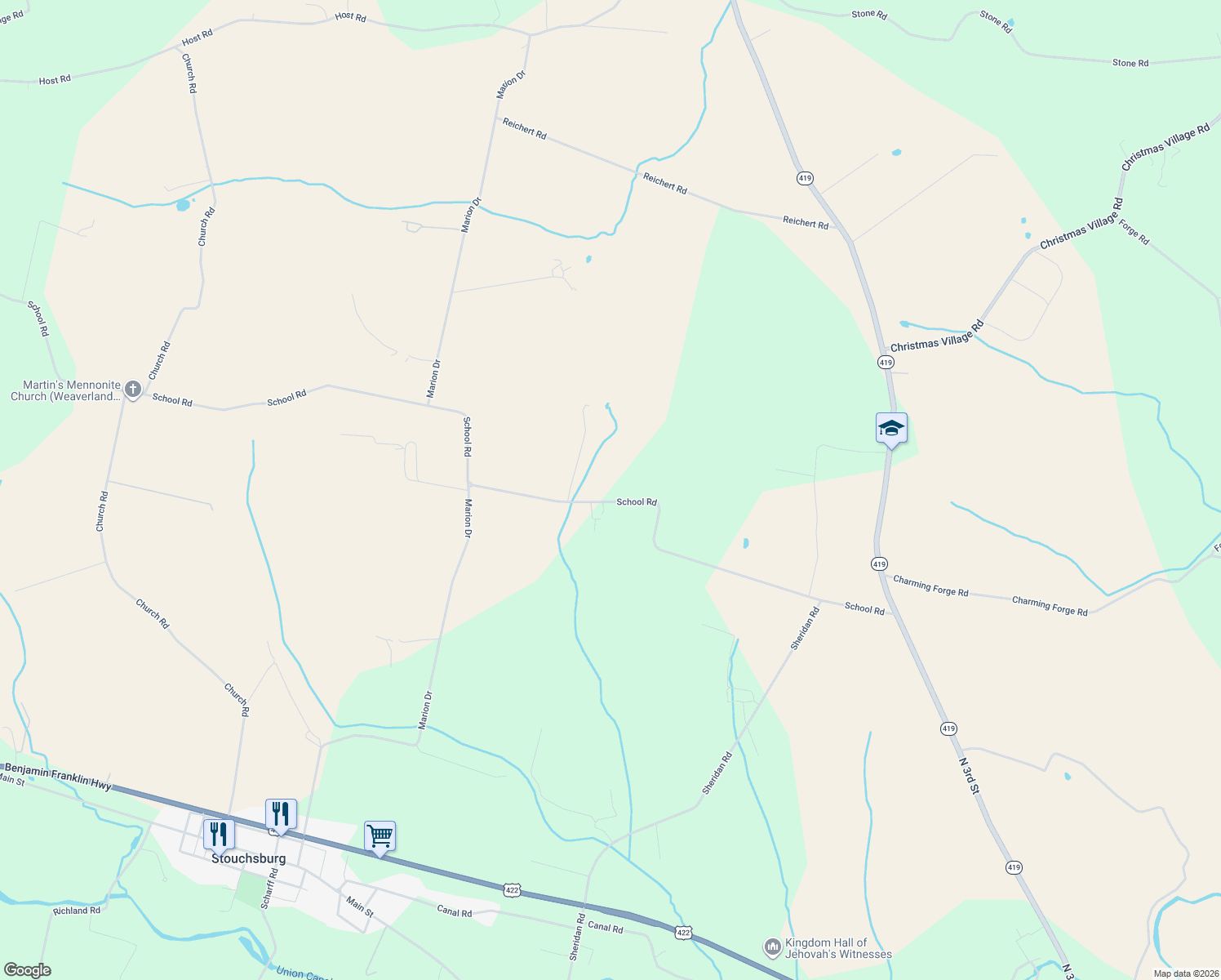 map of restaurants, bars, coffee shops, grocery stores, and more near 241 School Road in Womelsdorf