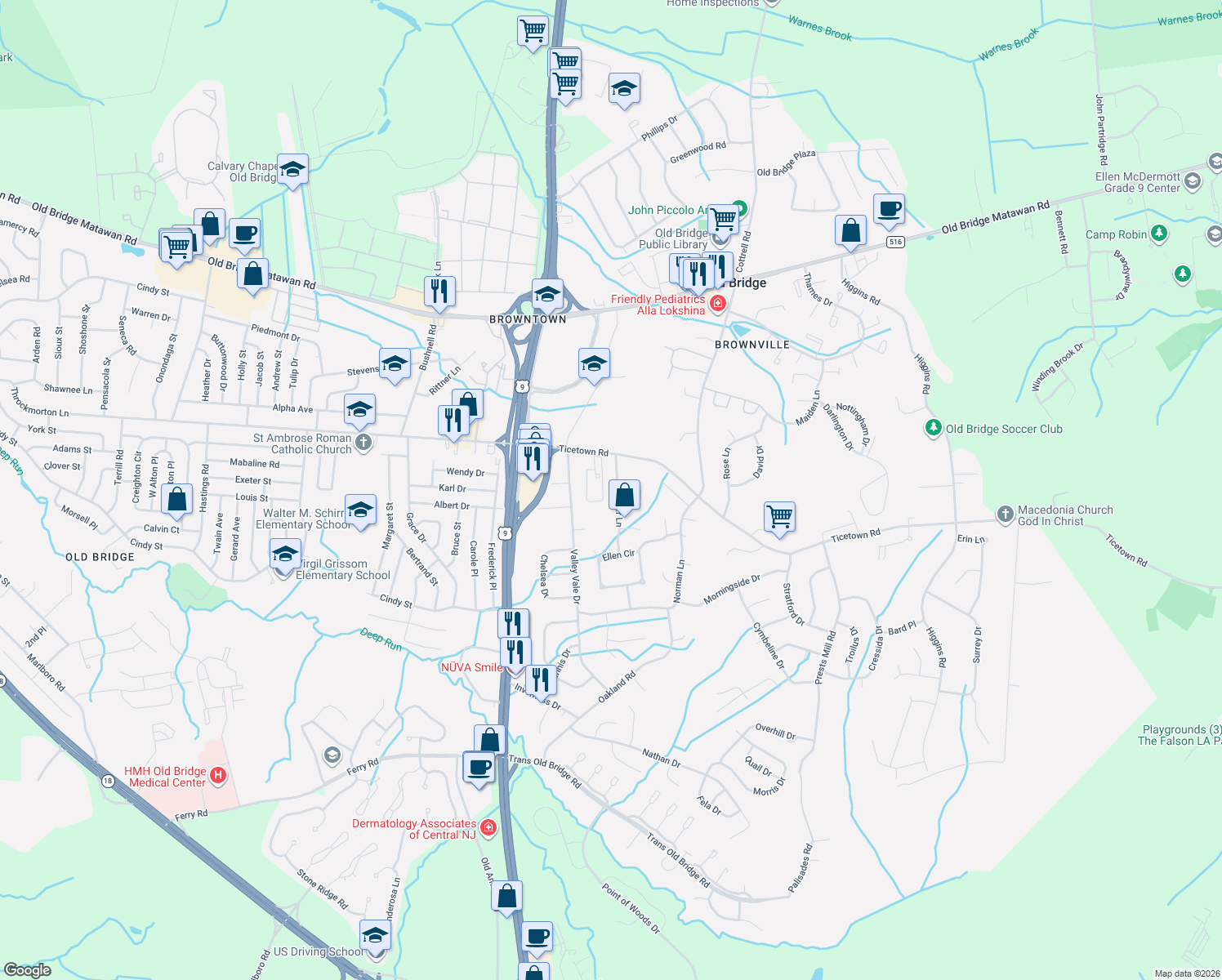 map of restaurants, bars, coffee shops, grocery stores, and more near 7 Jennifer Lane in Old Bridge Township