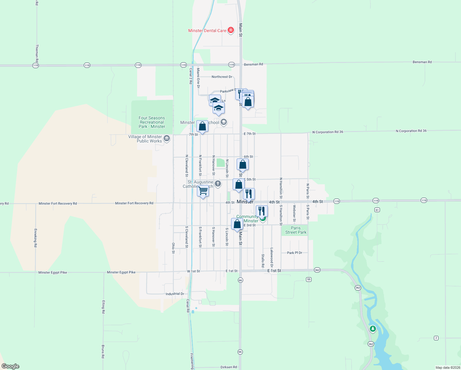 map of restaurants, bars, coffee shops, grocery stores, and more near 80 N Lincoln St in Minster