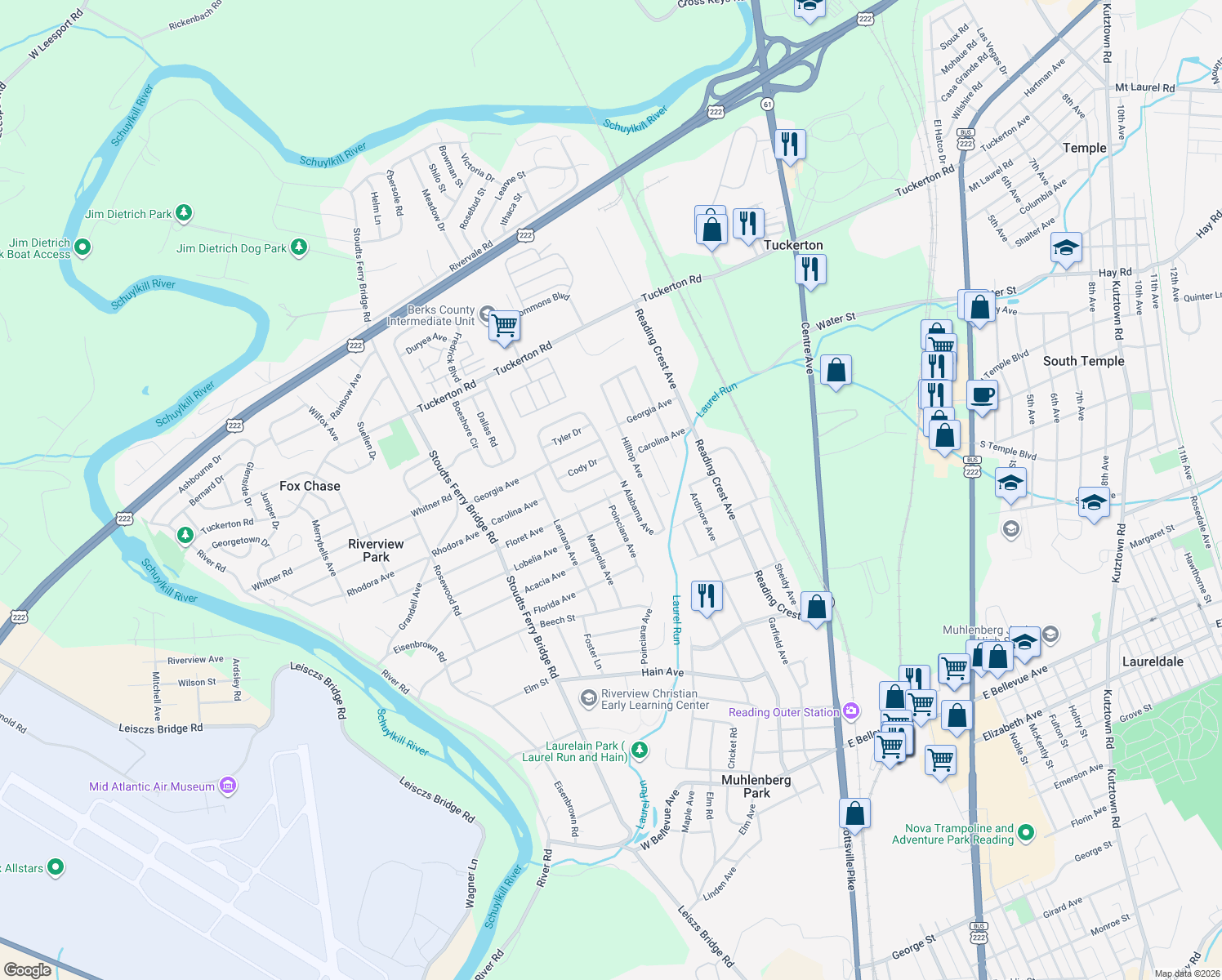 map of restaurants, bars, coffee shops, grocery stores, and more near 417 Floret Avenue in Reading